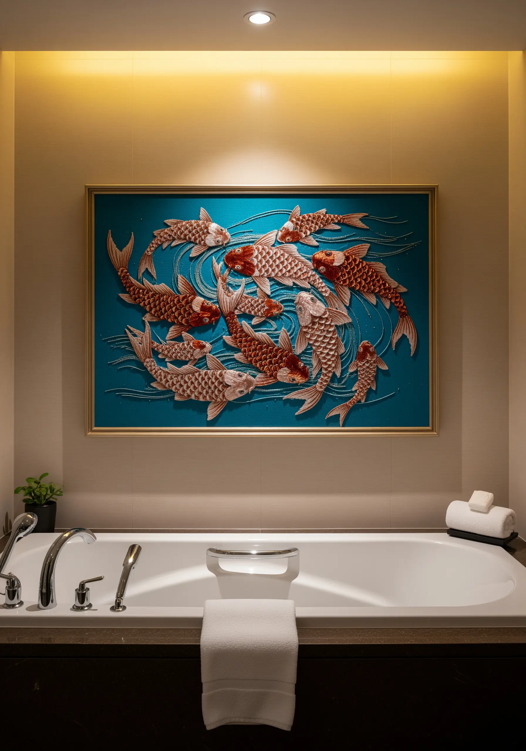 Wall art above a bathtub depicting a school of koi fish with raised, textured metallic scales.
