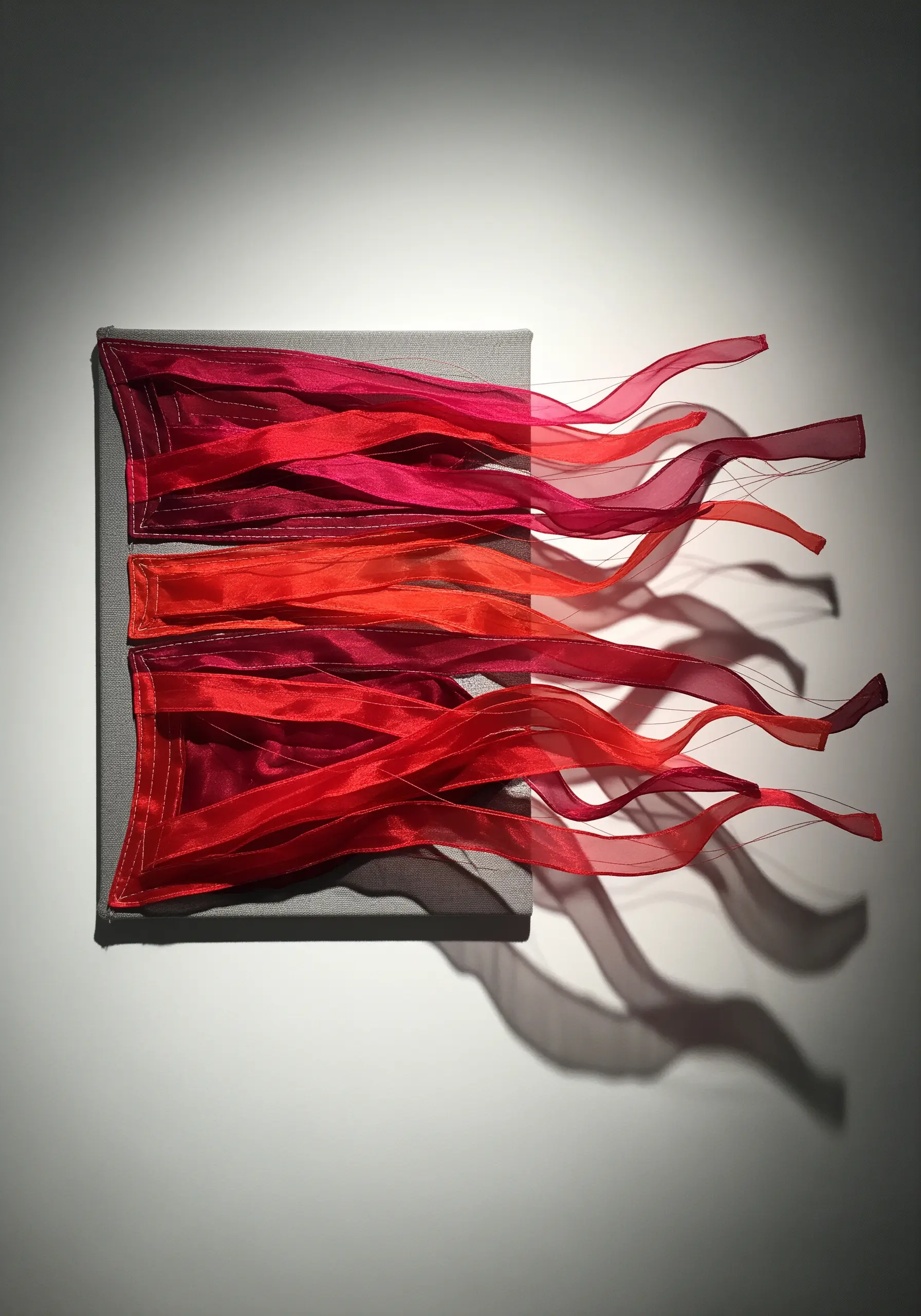 A 3D textile artwork with red organza ribbons sculpted to look like they are blowing in the wind.