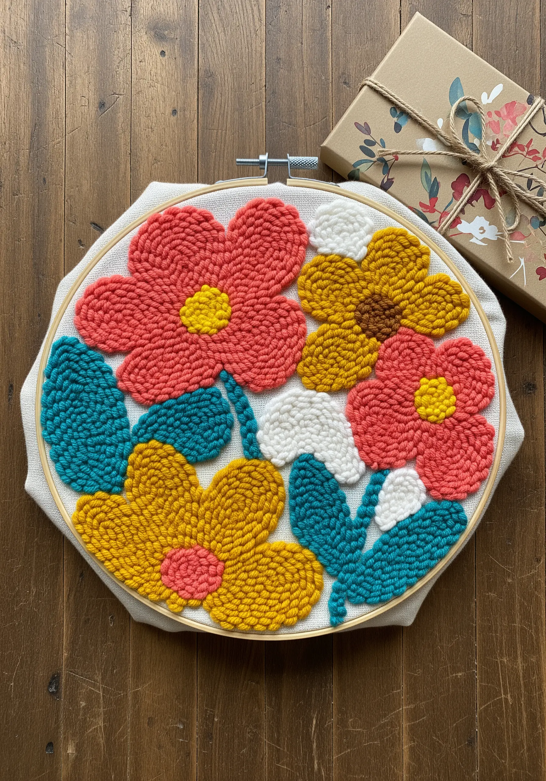 Close-up of a floral punch needle design in a hoop, with textured loops in pink and yellow.