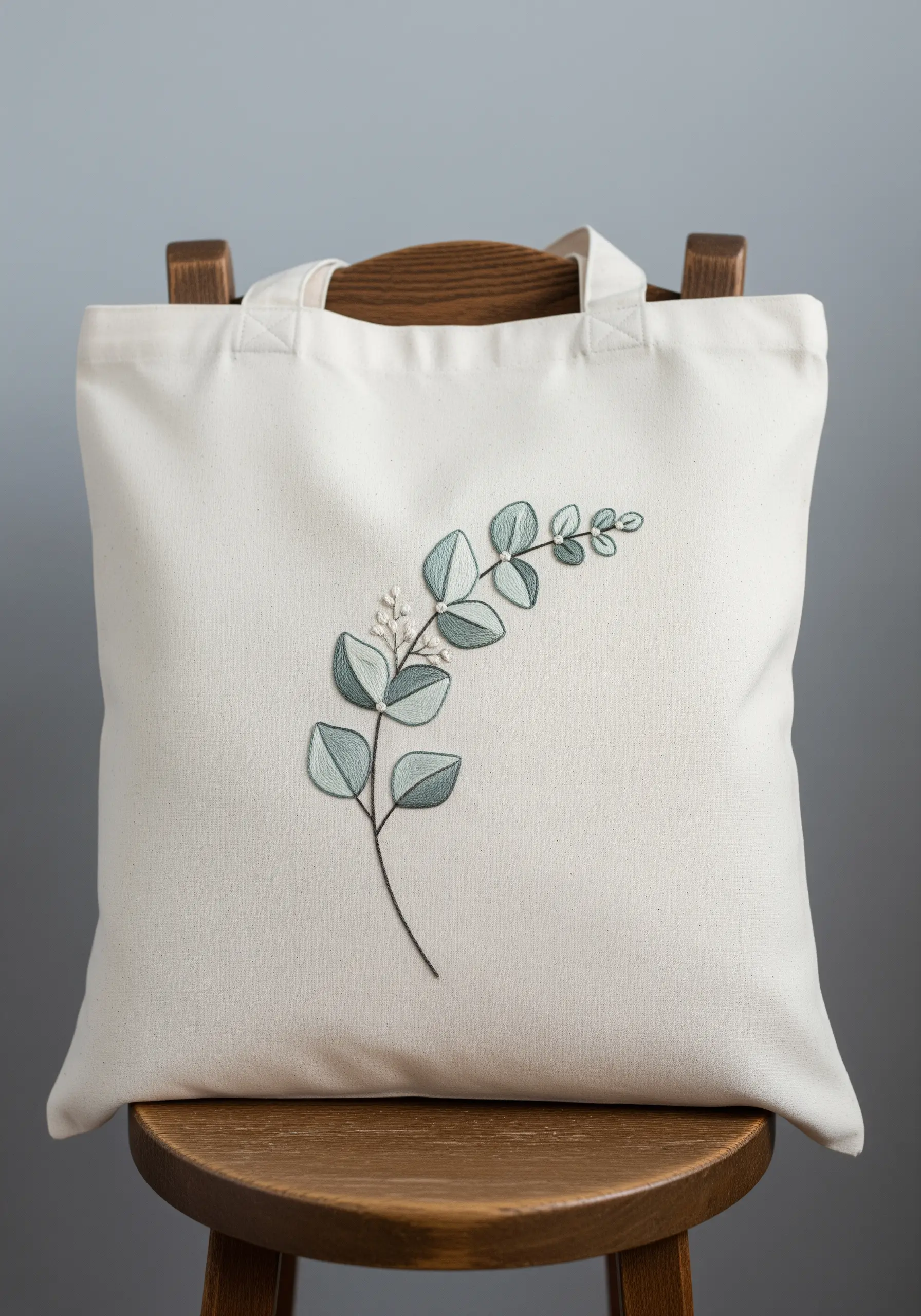 Embroidered eucalyptus branch with soft green-gray leaves on a cream tote bag.