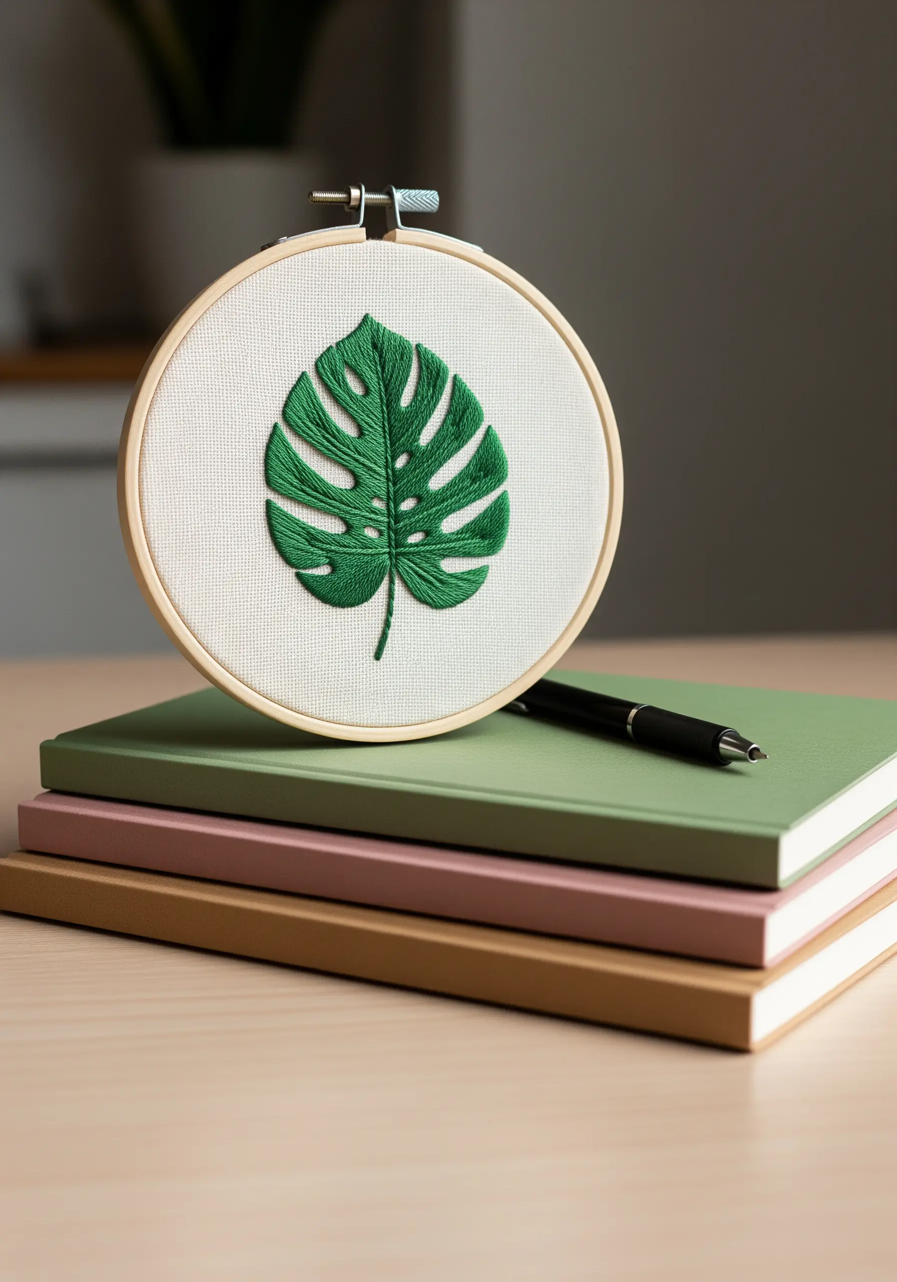 A detailed monstera leaf with green directional satin stitch and defined splits.