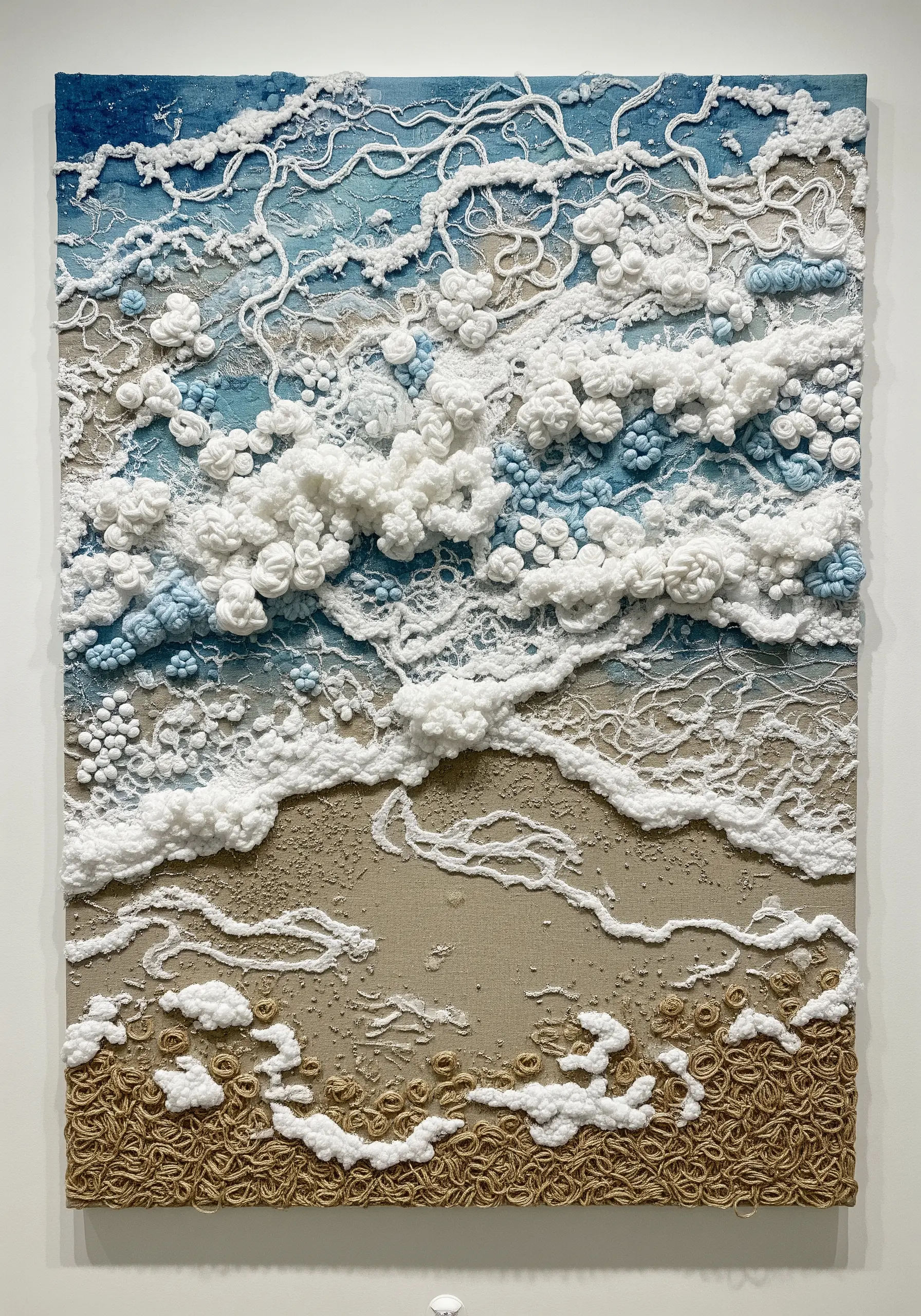 A highly textured seascape embroidery with dense white knots for foam and coiled brown yarn for sand.