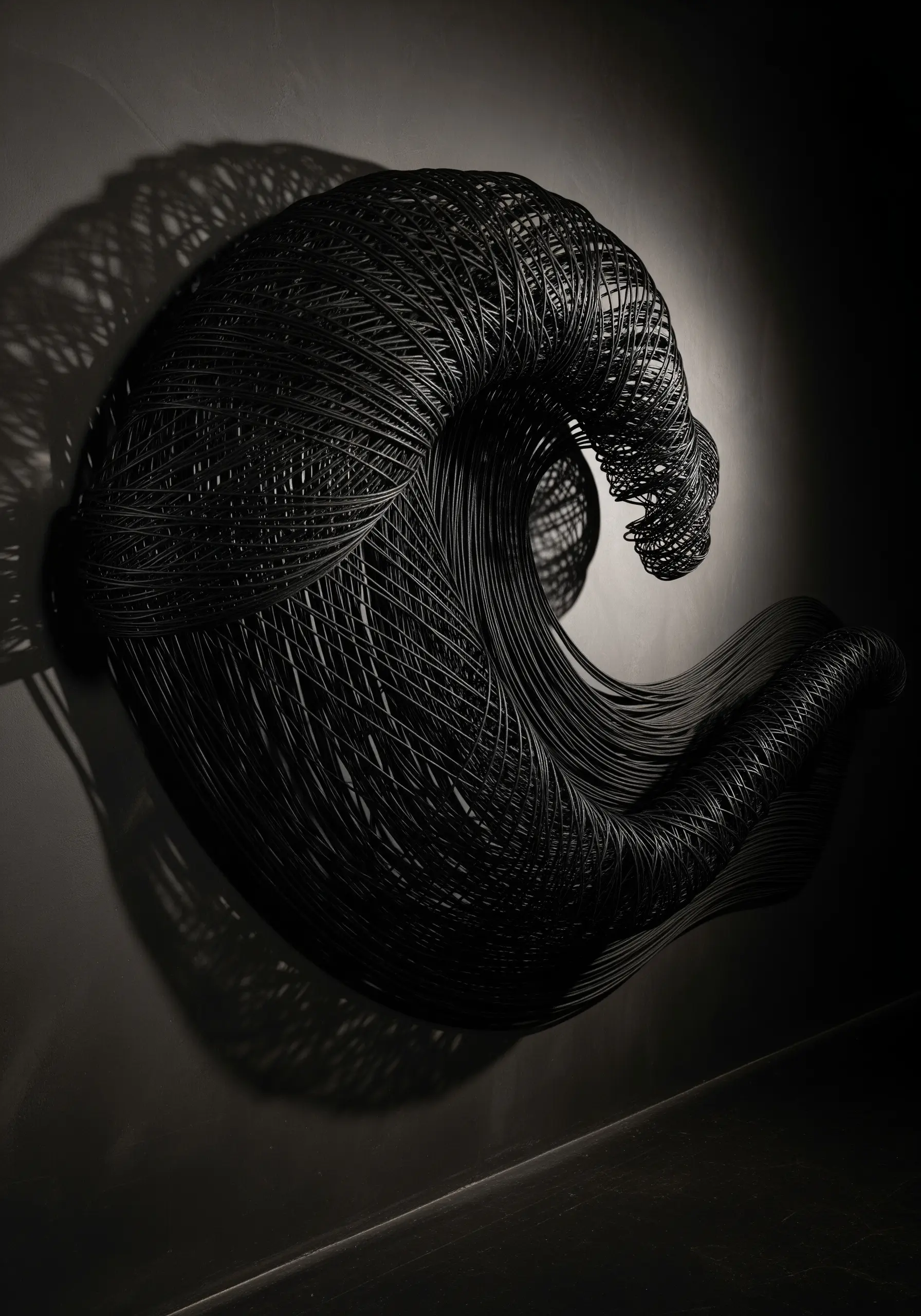 Three-dimensional black thread sculpture in the shape of a cresting wave.