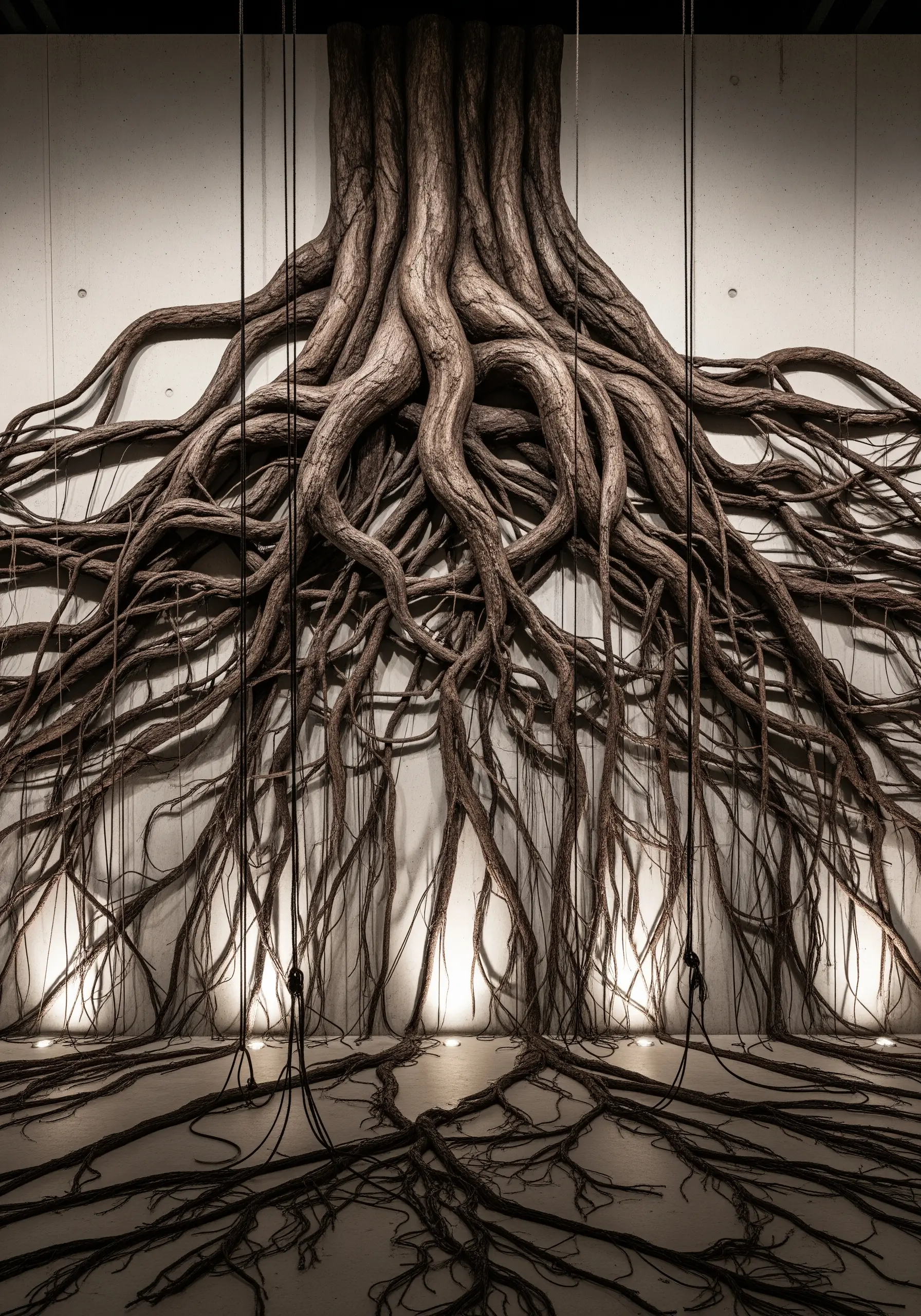 A large, sculptural installation of tree roots made from thick brown cord on a concrete wall.