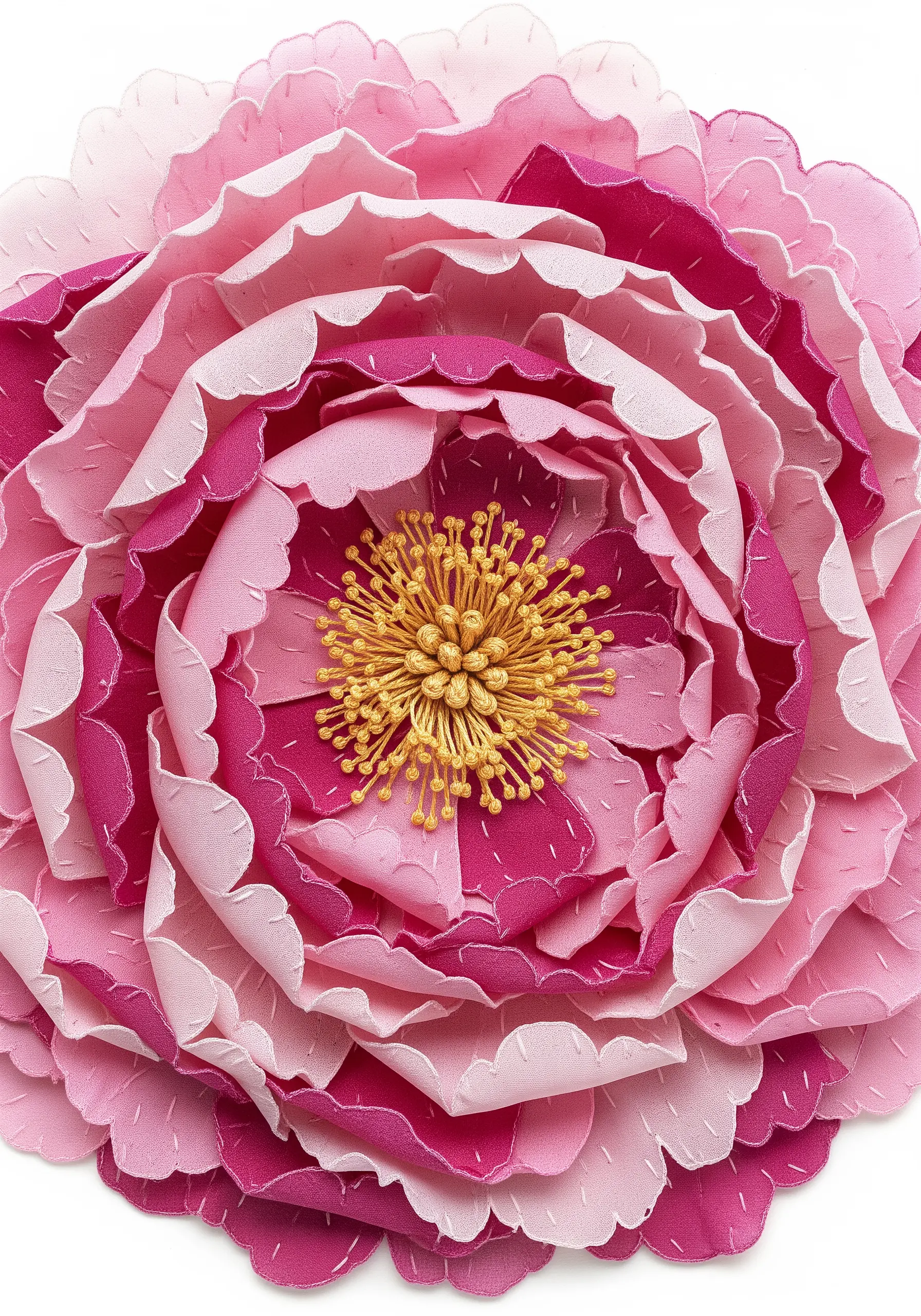 3D fabric peony with individually wired and layered petals and a French knot center.
