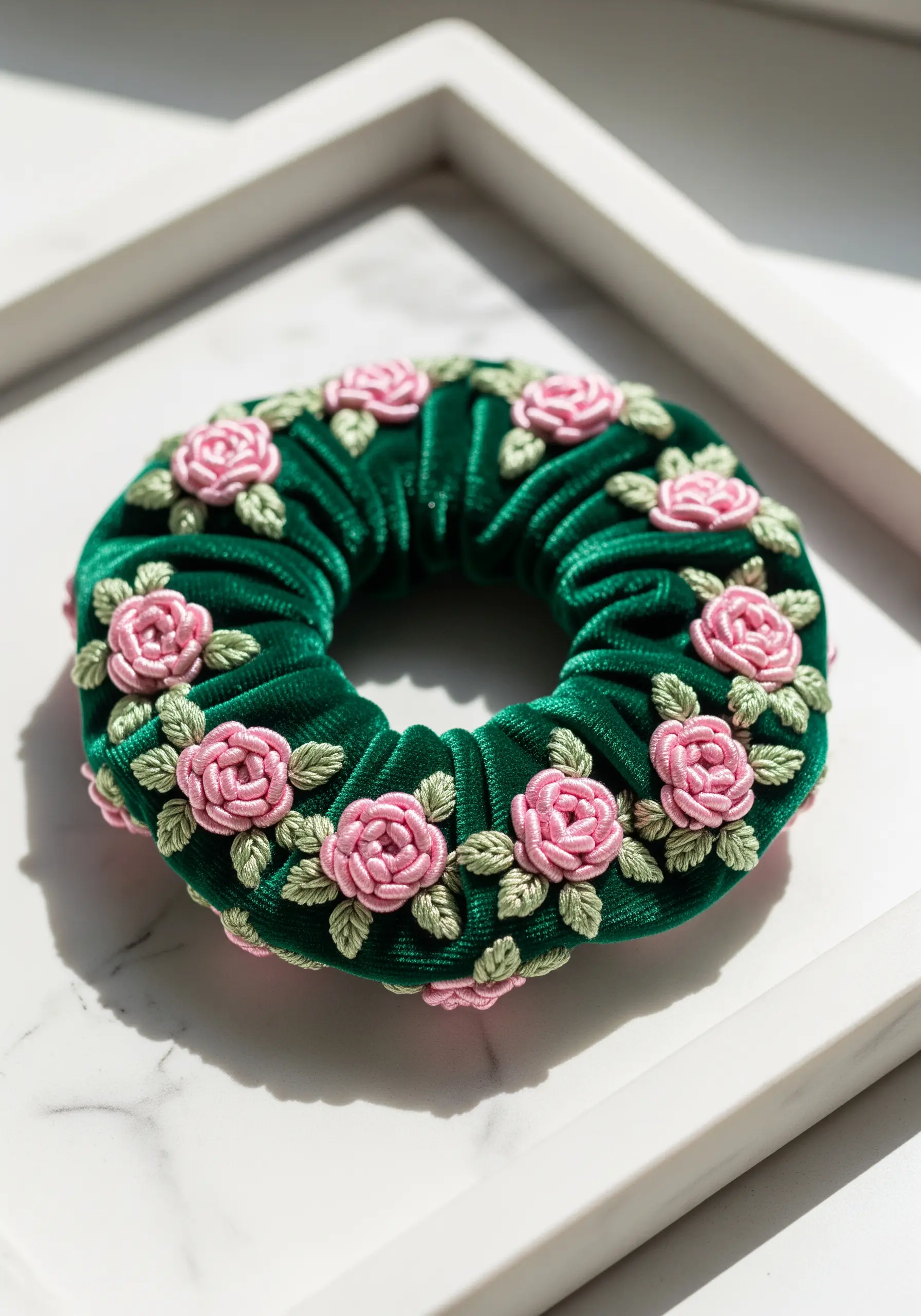 Bullion knot roses on emerald velvet scrunchie