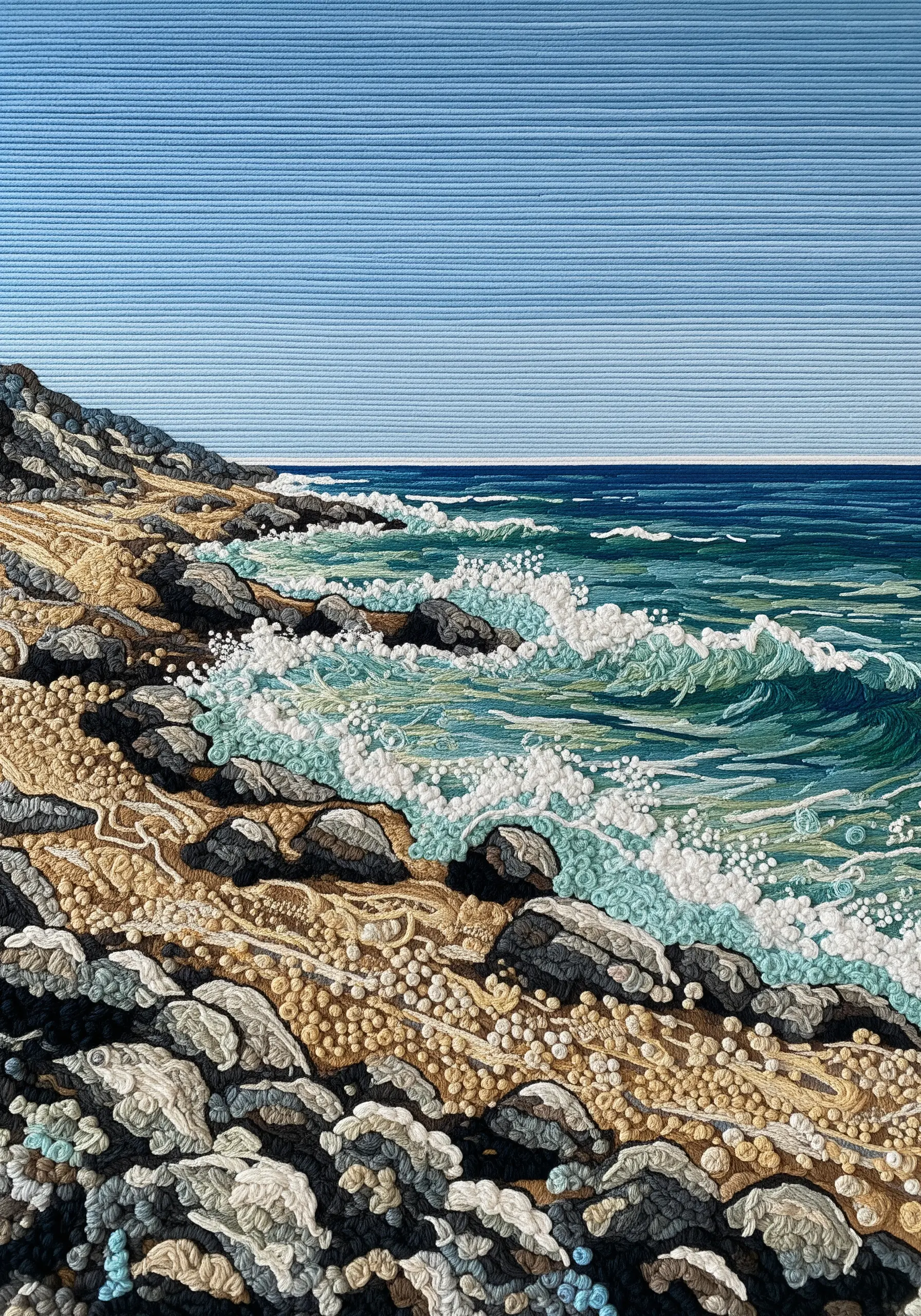 A realistic embroidered seascape with French knots for the sand and looped stitches for the waves.