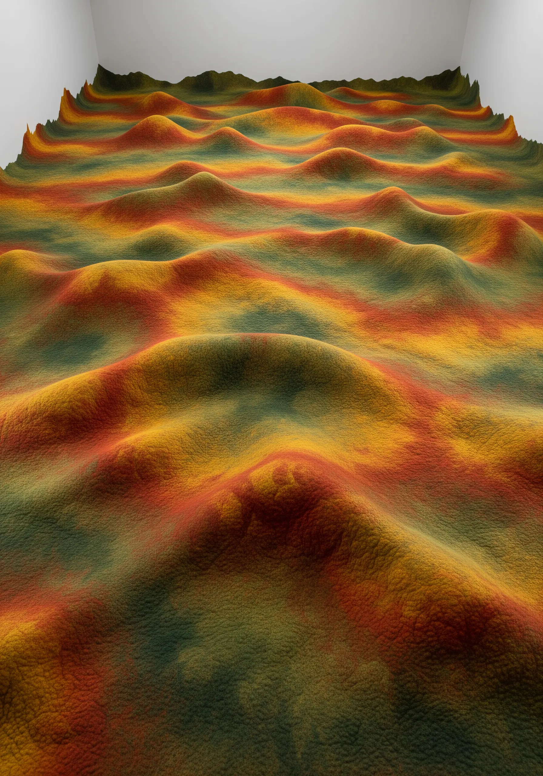 A large, felted installation of rolling hills in autumnal red, orange, yellow, and green.