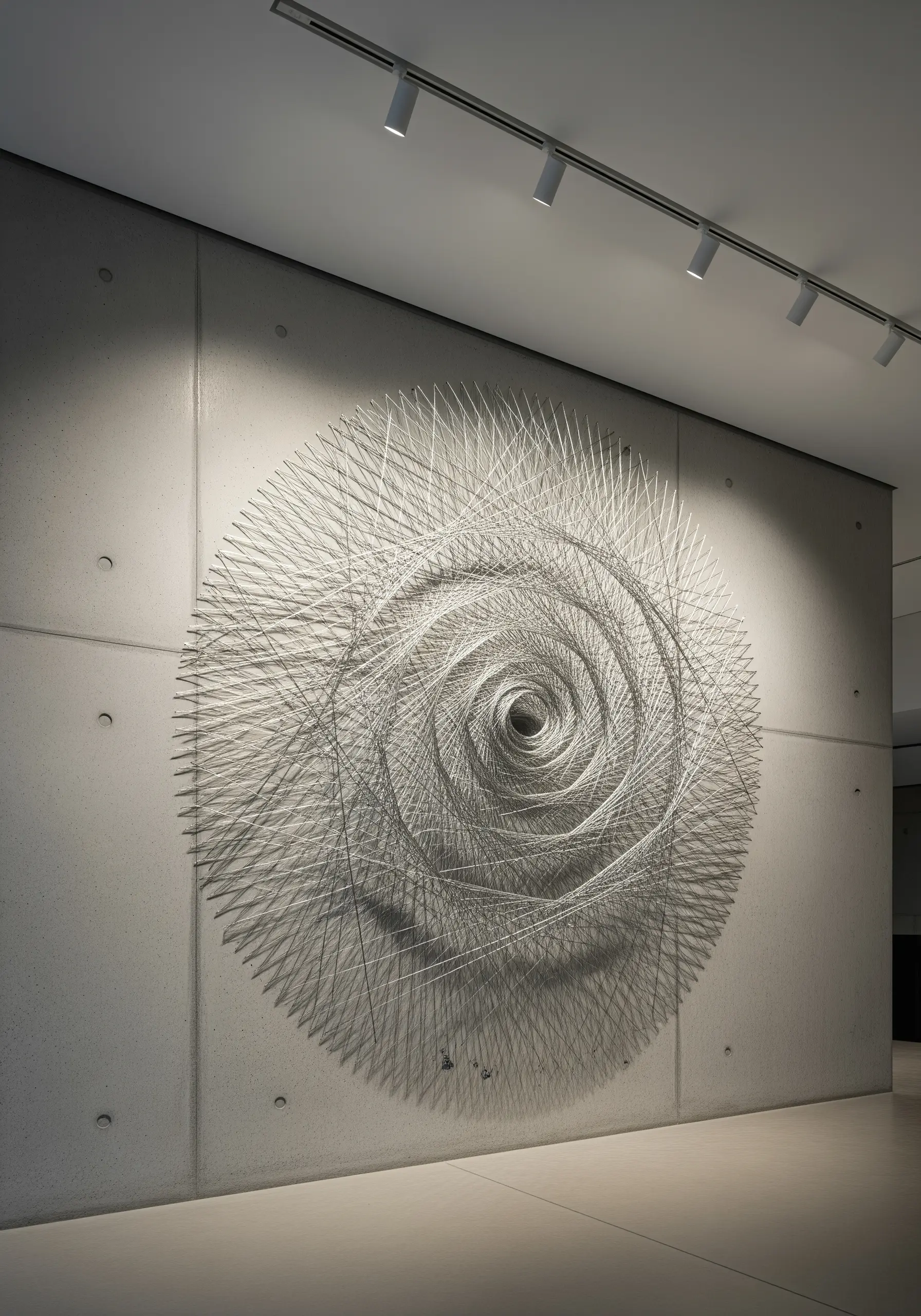 Geometric spiral thread art installation creating an optical illusion on a concrete wall.