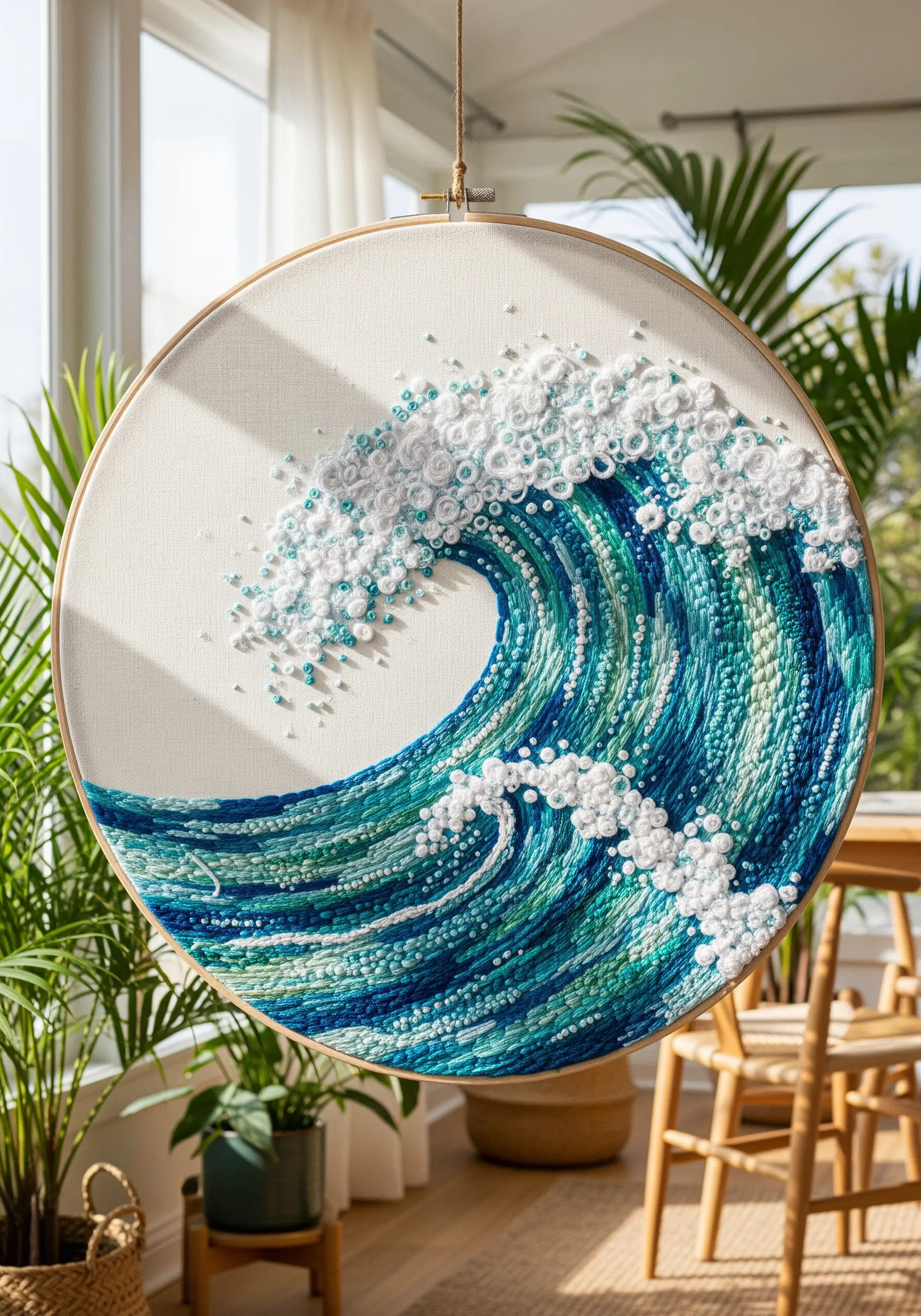Textured embroidery of a large ocean wave with French knots for seafoam in a round hoop.