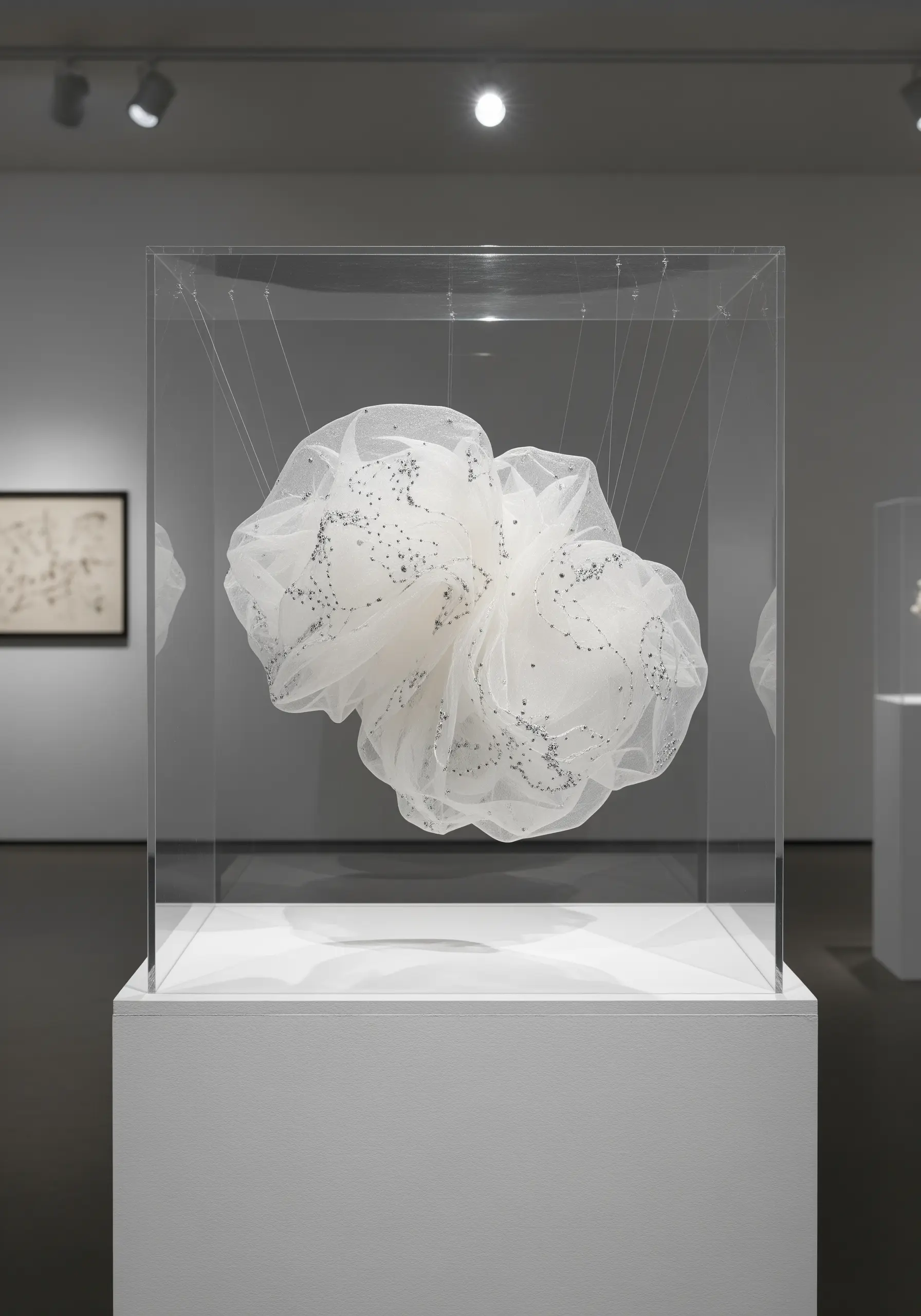 A floating, cloud-like sculpture of white organza with scattered silver beads, suspended in a clear box.