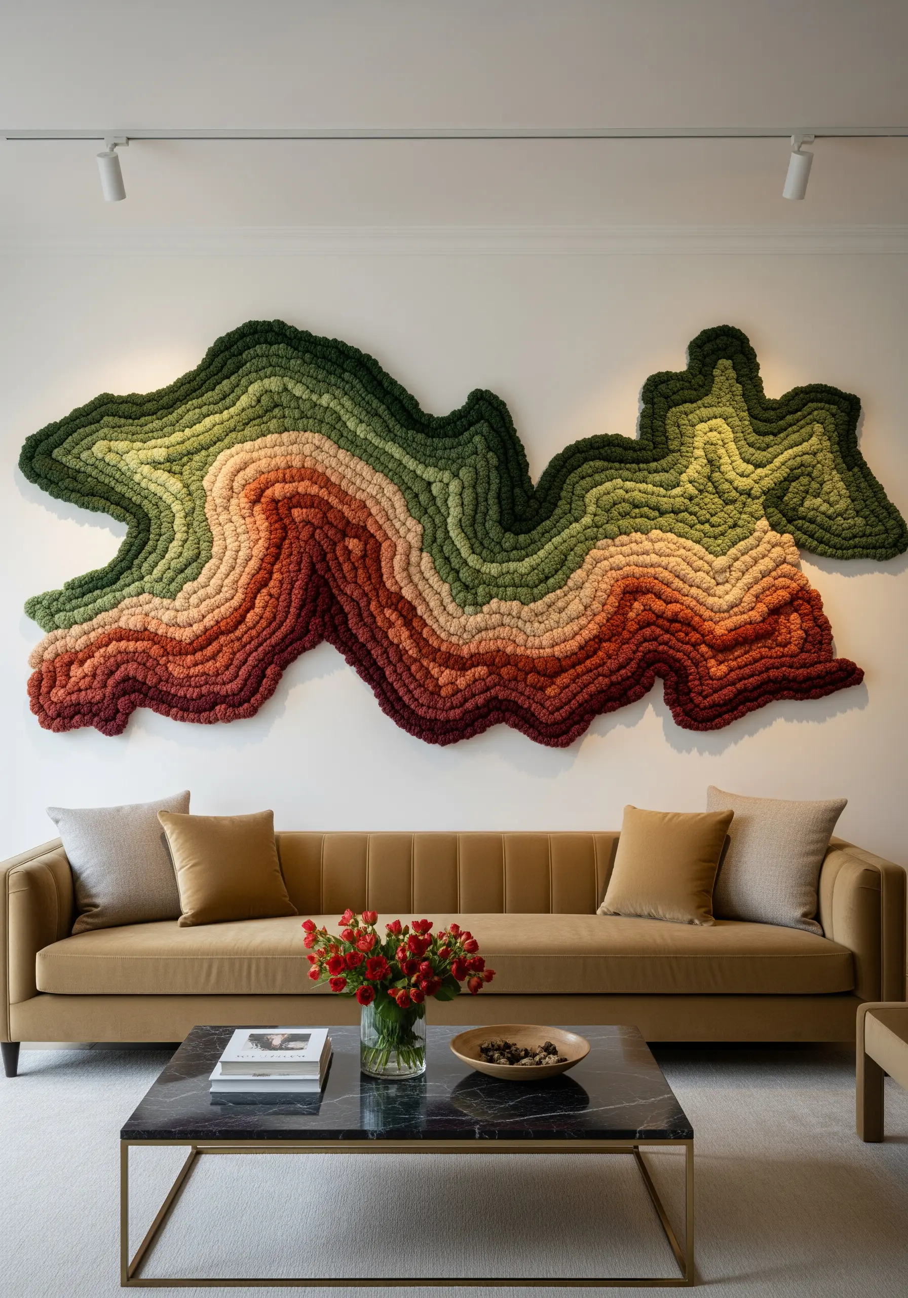 Tufted wall art resembling a topographic map with green and red gradients