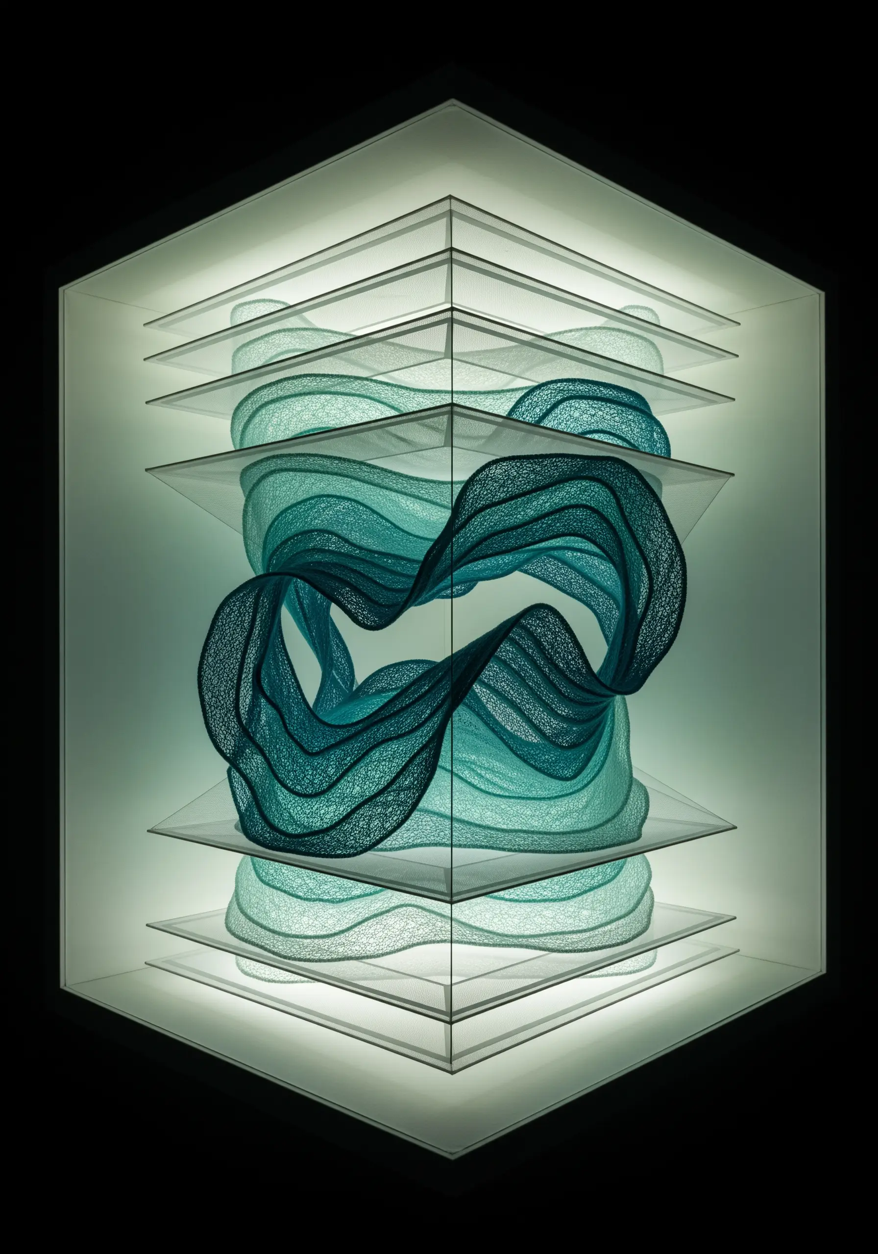 A 3D thread sculpture in a lightbox with a teal gradient on layered sheer fabric.