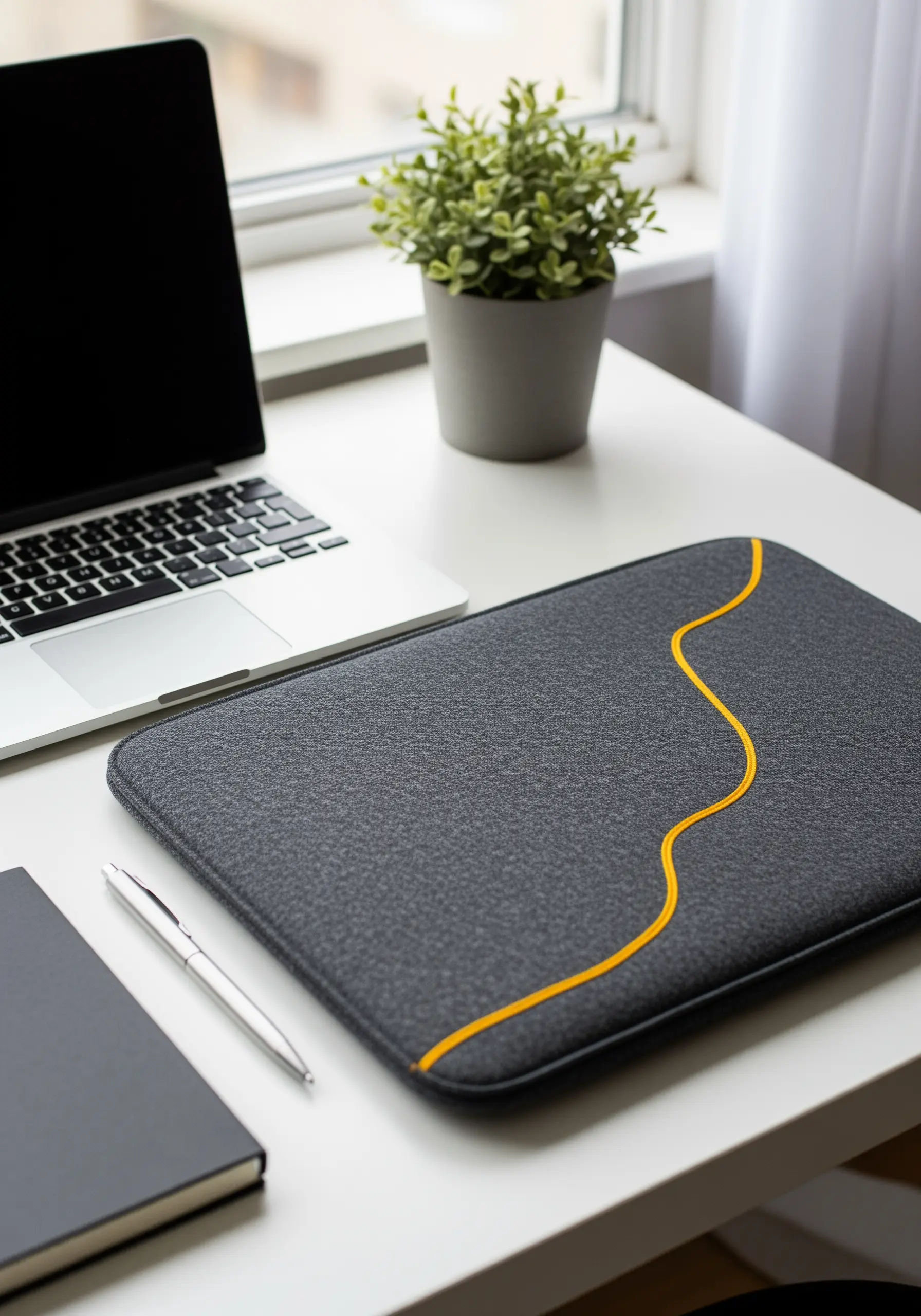 A bright yellow cord couched in a sweeping curve across a dark grey laptop sleeve.