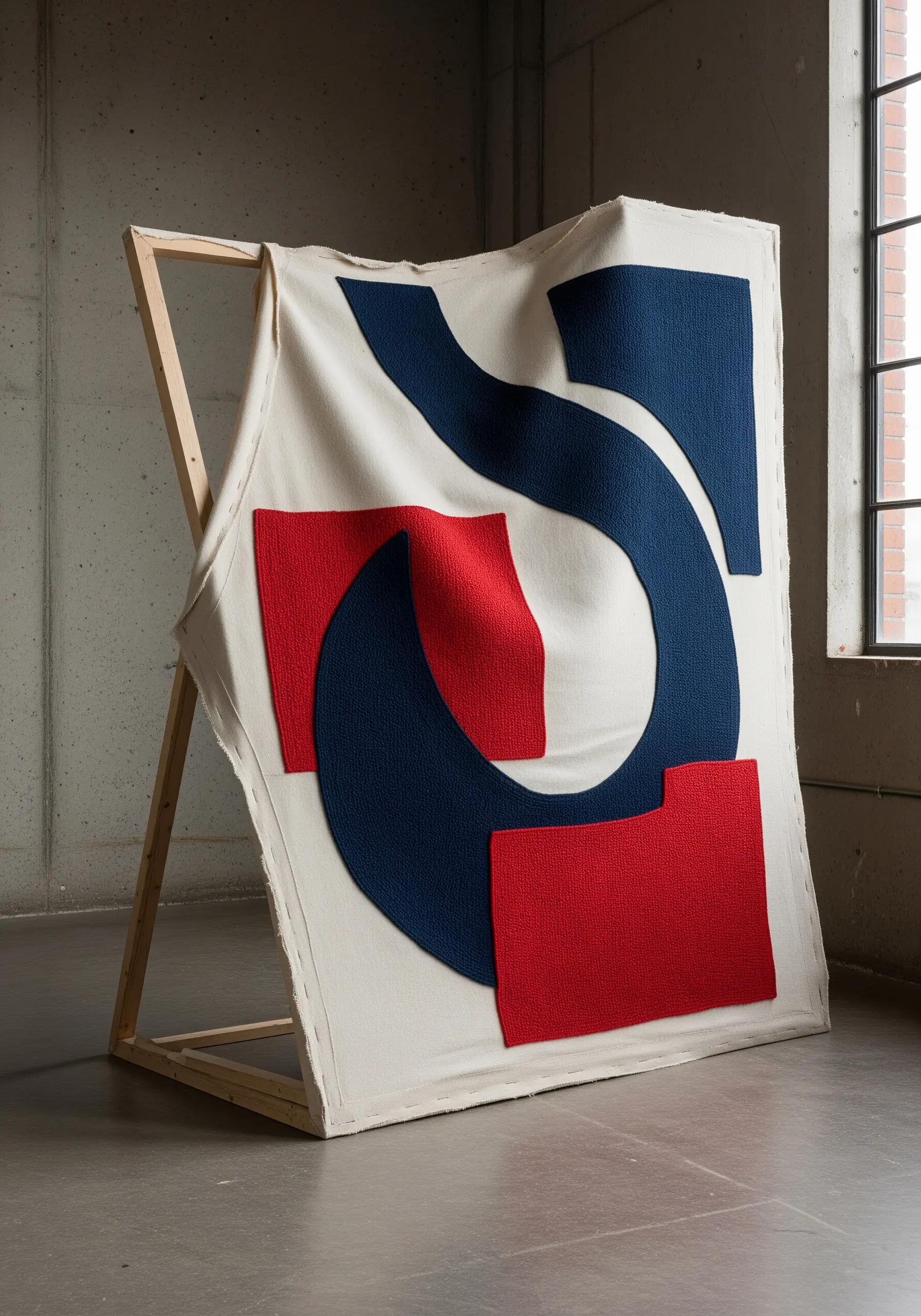 A large, unstretched canvas draped over a wooden frame, with large abstract shapes in red and blue appliquéd on top.