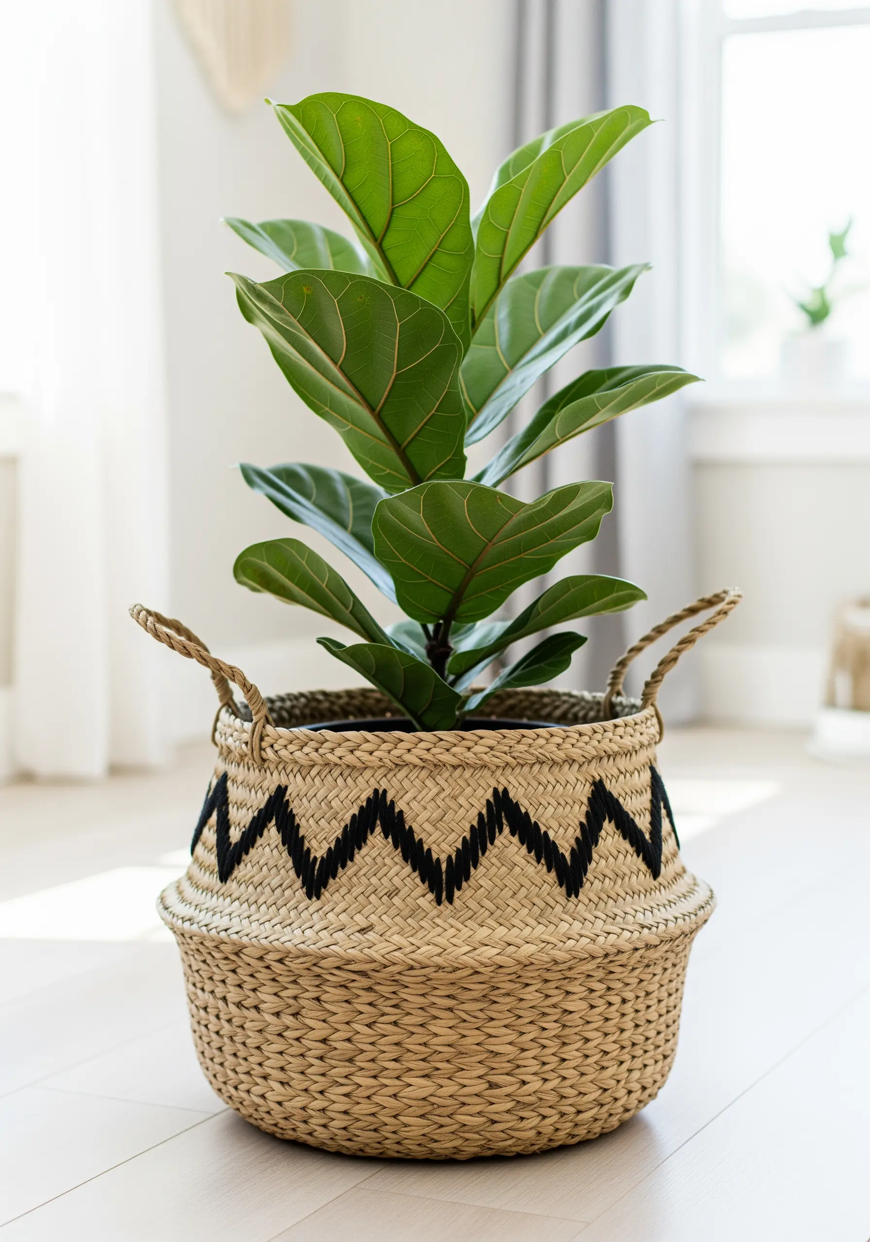 Woven belly basket with a potted plant featuring a black zigzag embroidery pattern around the middle
