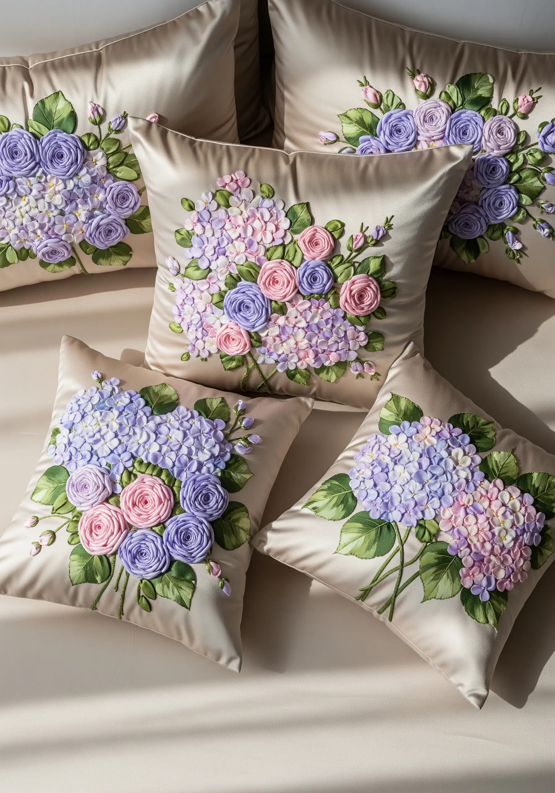 Satin pillows with 3D silk ribbon hydrangea embroidery