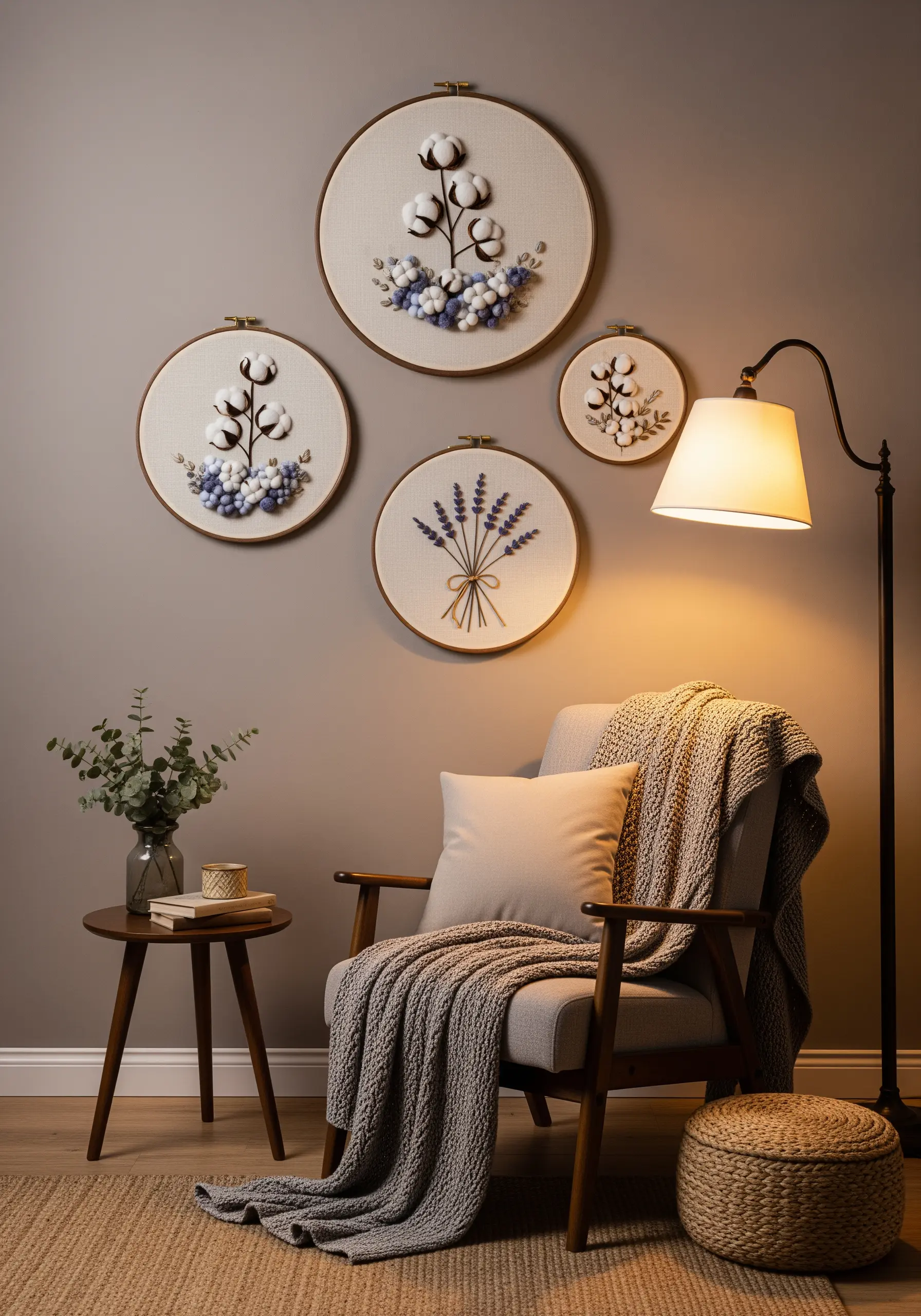 Three embroidery hoops on a wall featuring 3D cotton bolls and lavender stalks