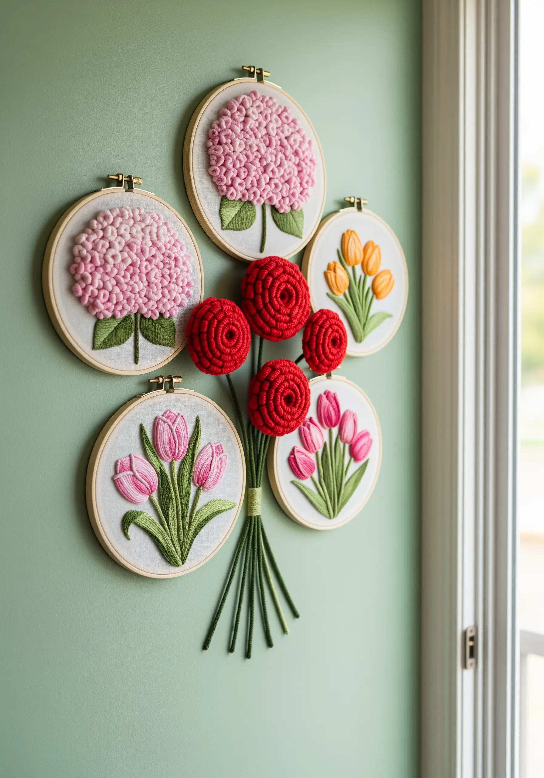 A 3D floral bouquet made from multiple embroidery hoops with textured stitches and yarn stems.