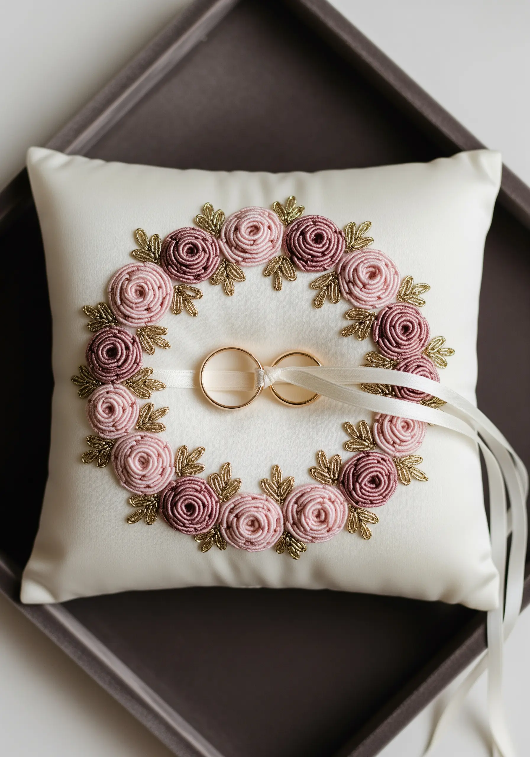 Bullion knot rose embroidery on white satin pillow
