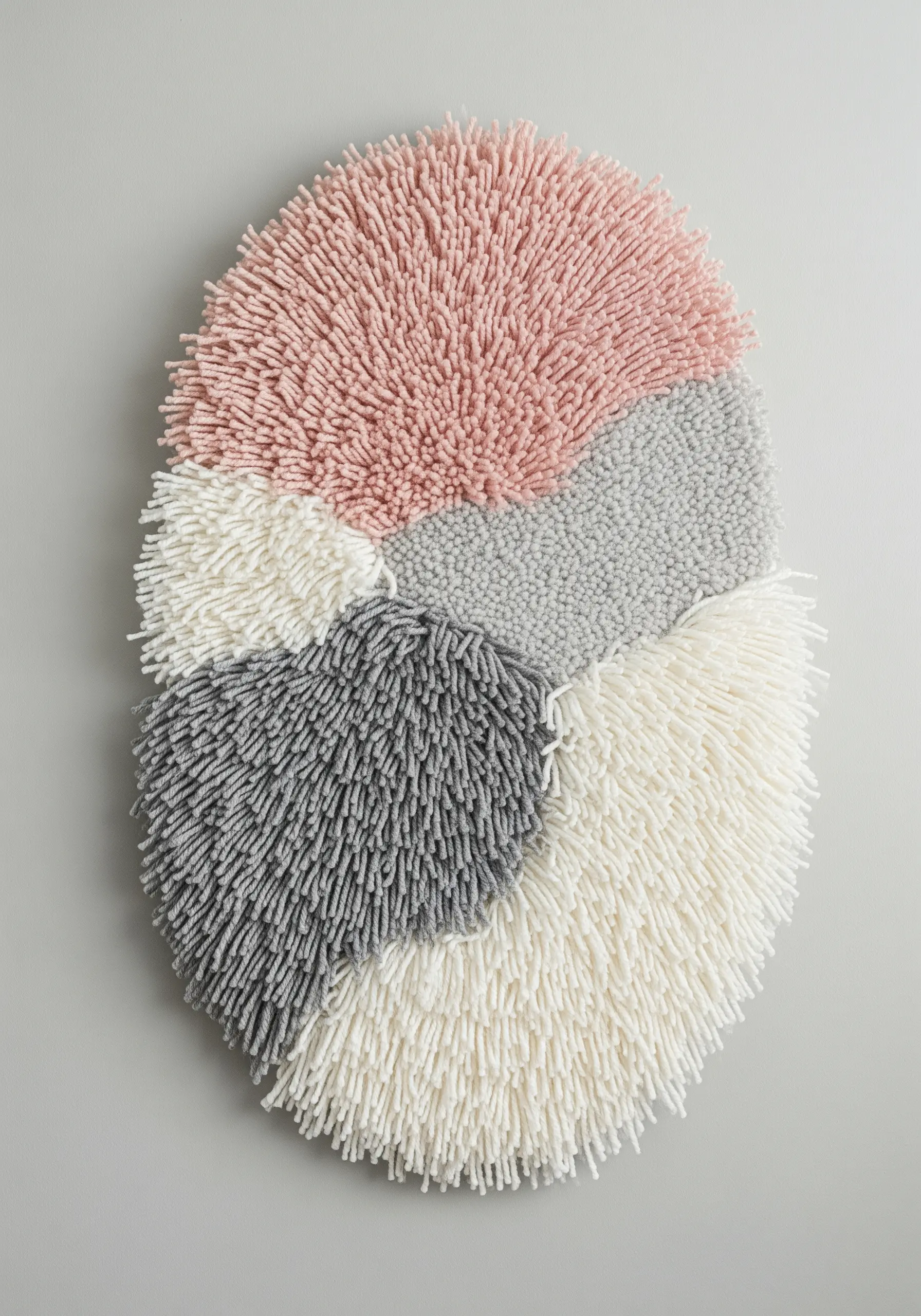 Oval latch hook wall hanging with abstract color blocks in pink, grey, and cream.
