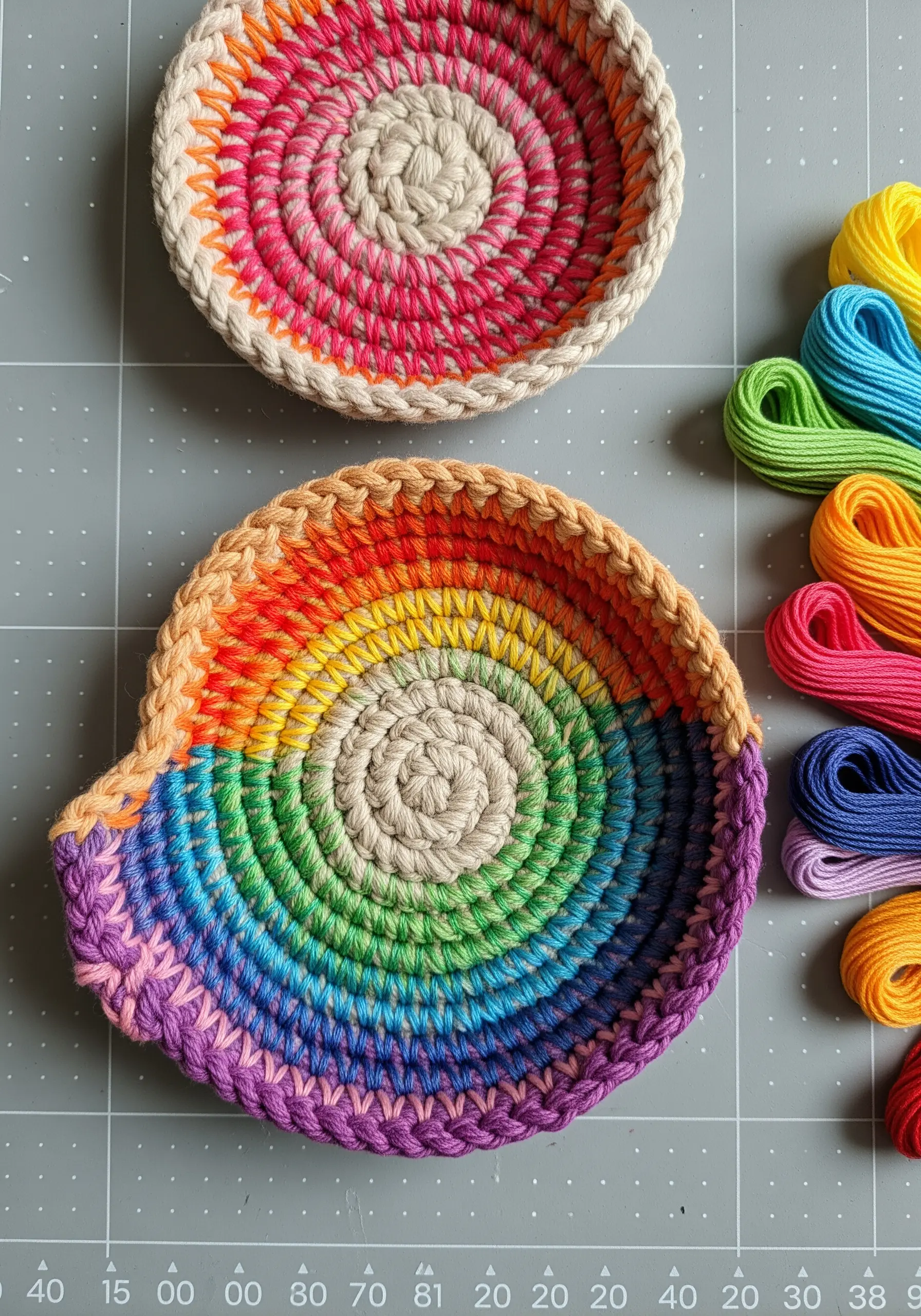 Colorful trinket bowls made from rope coiled and wrapped with rainbow embroidery floss