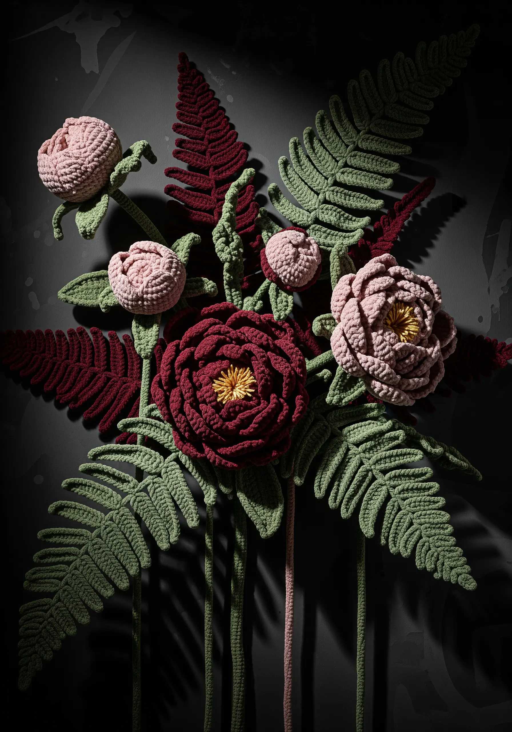 3D crochet flowers and ferns mounted on a dark background