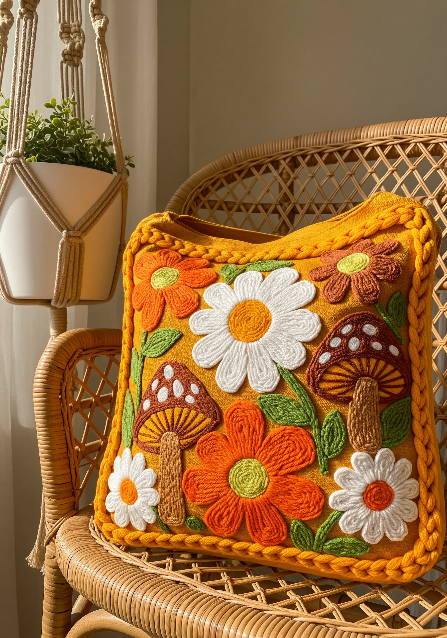 Highly textured retro flowers and mushrooms embroidered with thick yarn on a yellow bag.
