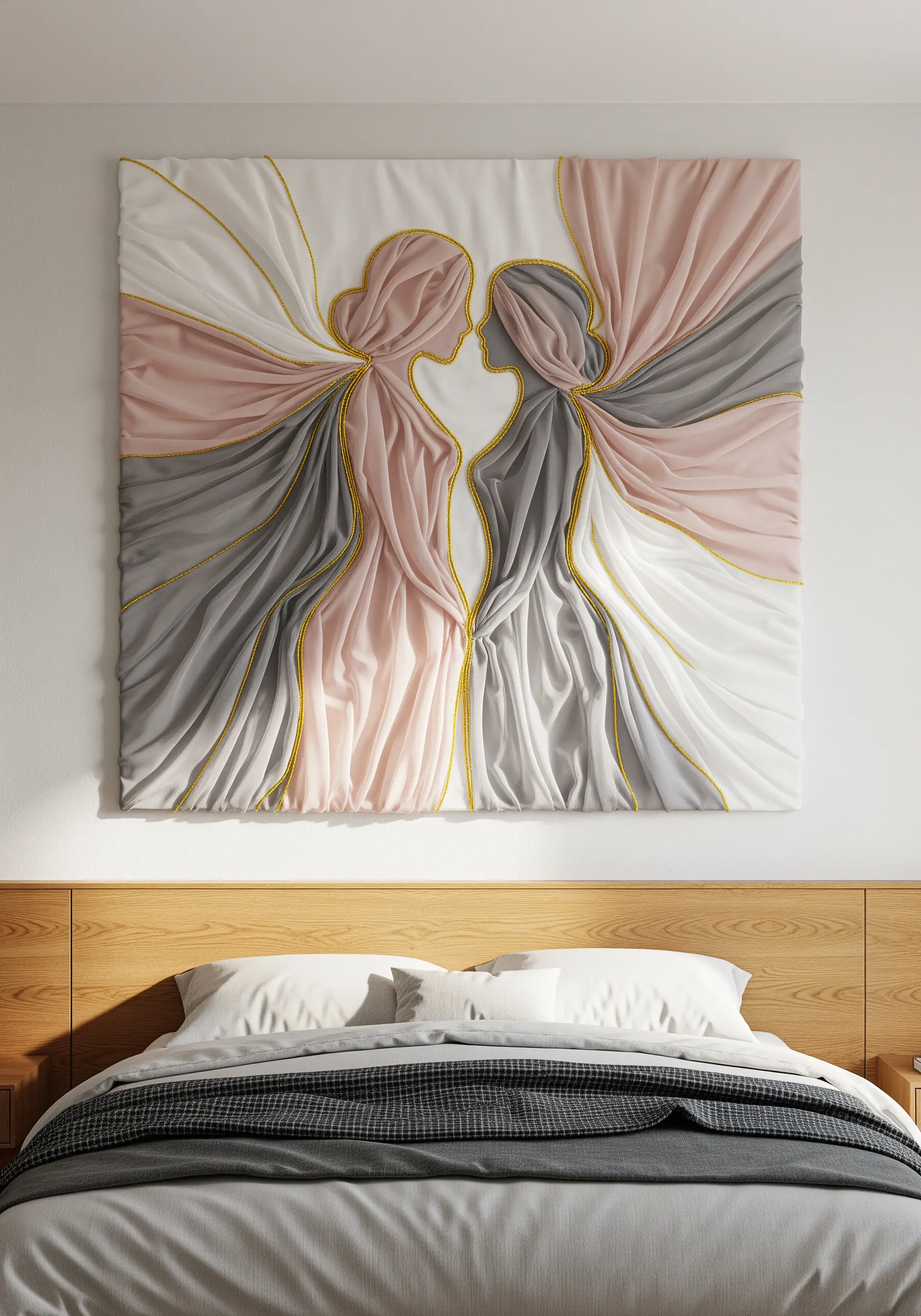 Abstract couple silhouette created with draped pink, grey, and white fabric and gold outlines.