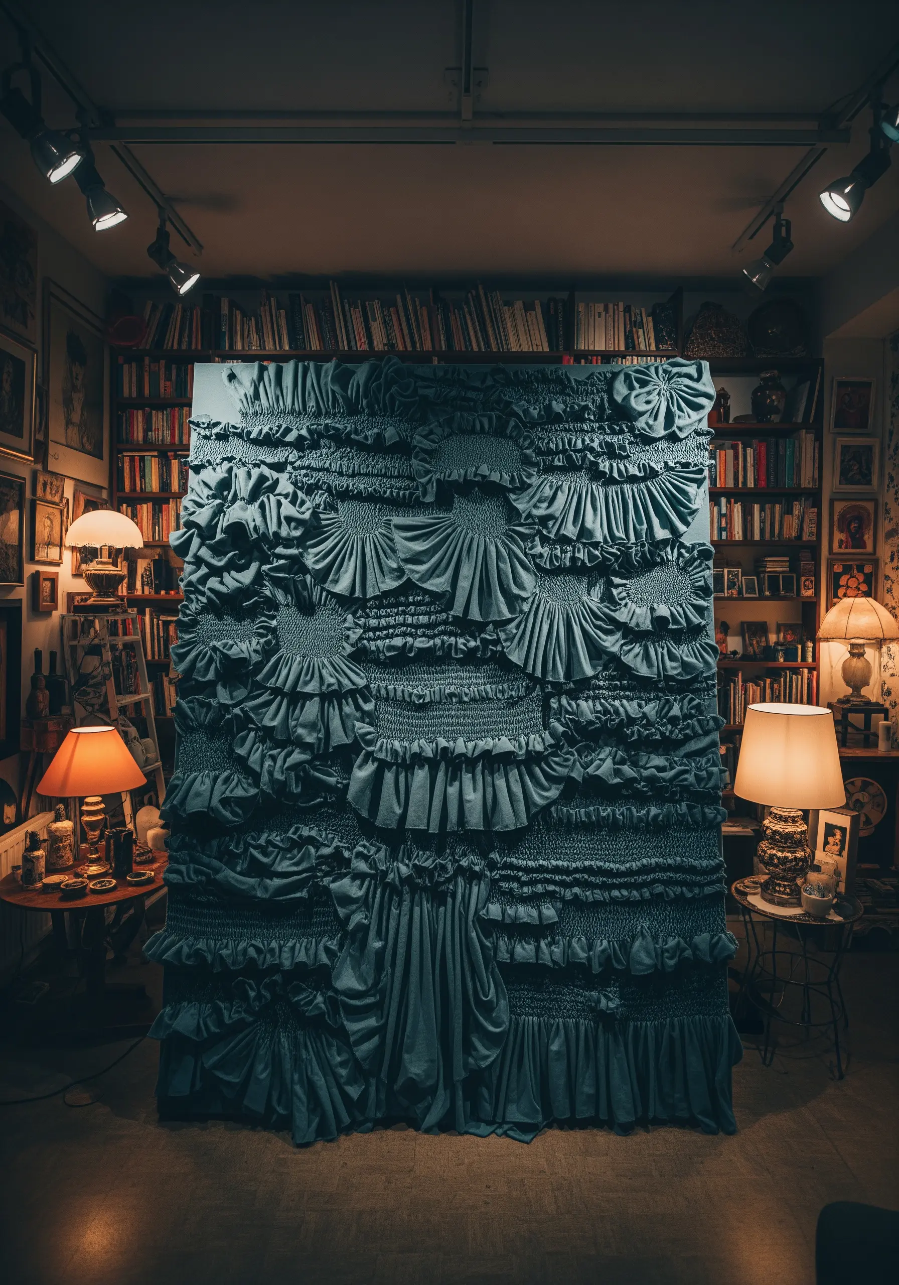 A large wall panel made of heavily gathered and smocked blue-gray fabric.