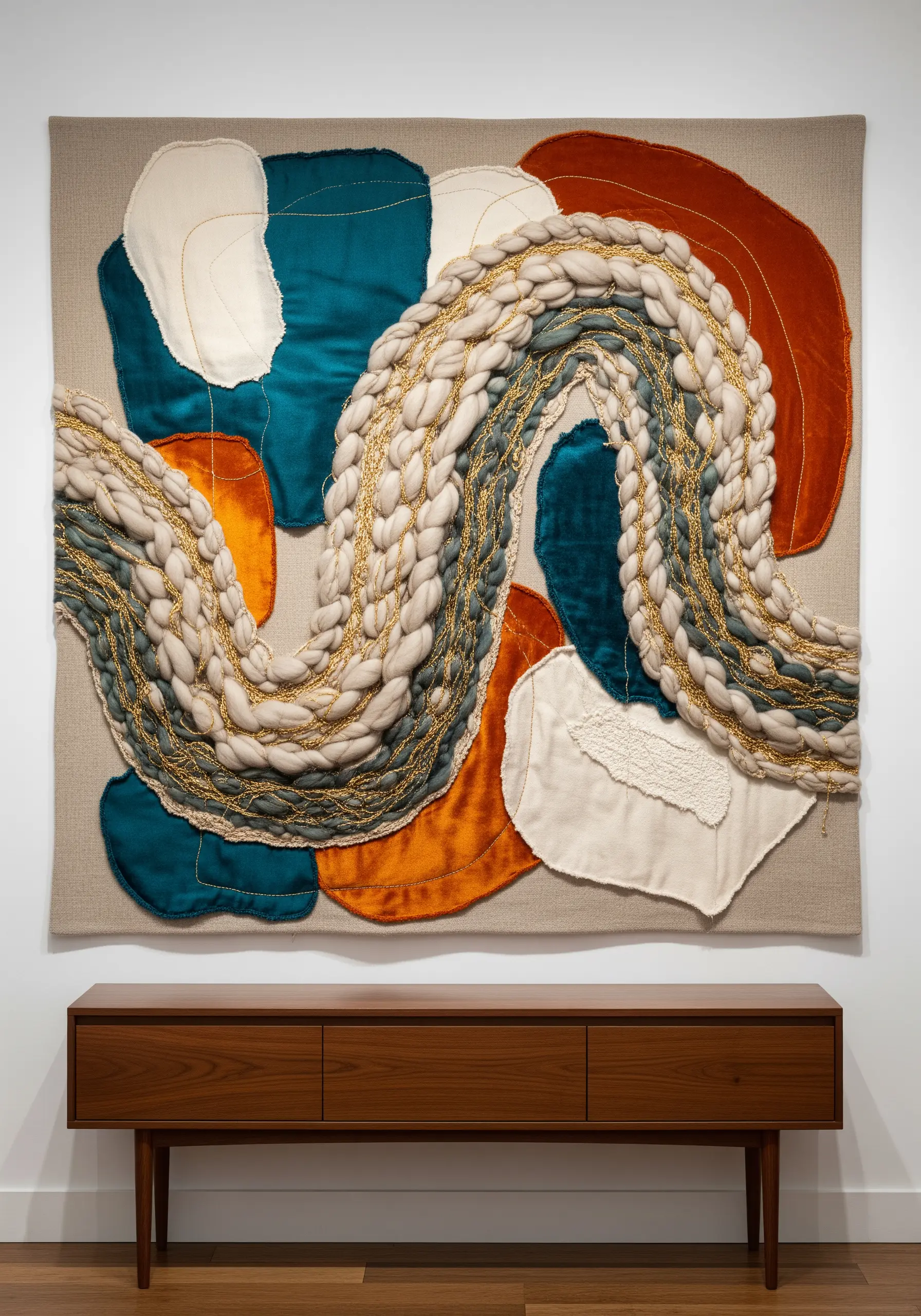 Large abstract wall hanging with chunky wool, velvet appliqué, and gold thread details.