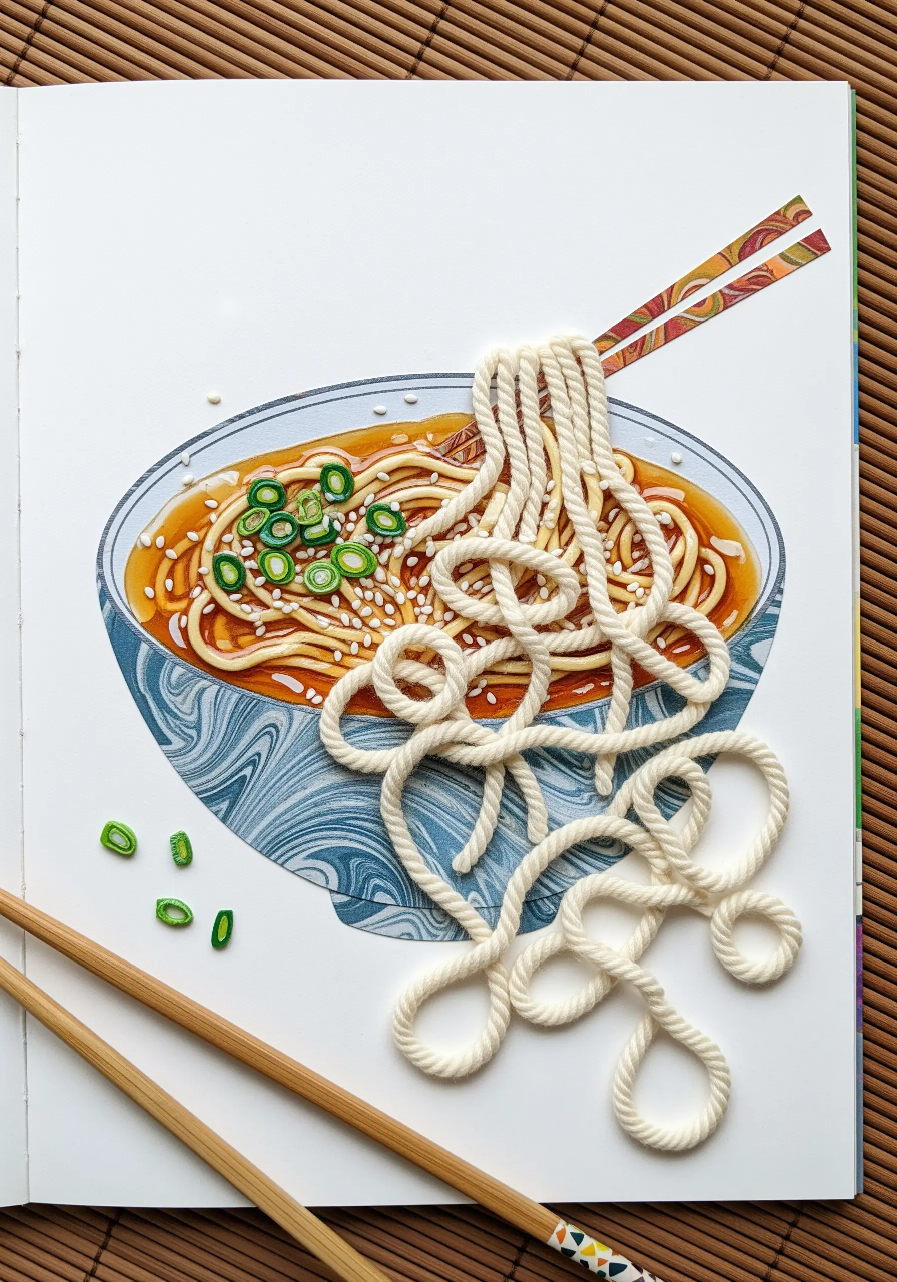 An illustration of a ramen bowl with real white rope used to create 3D noodles.