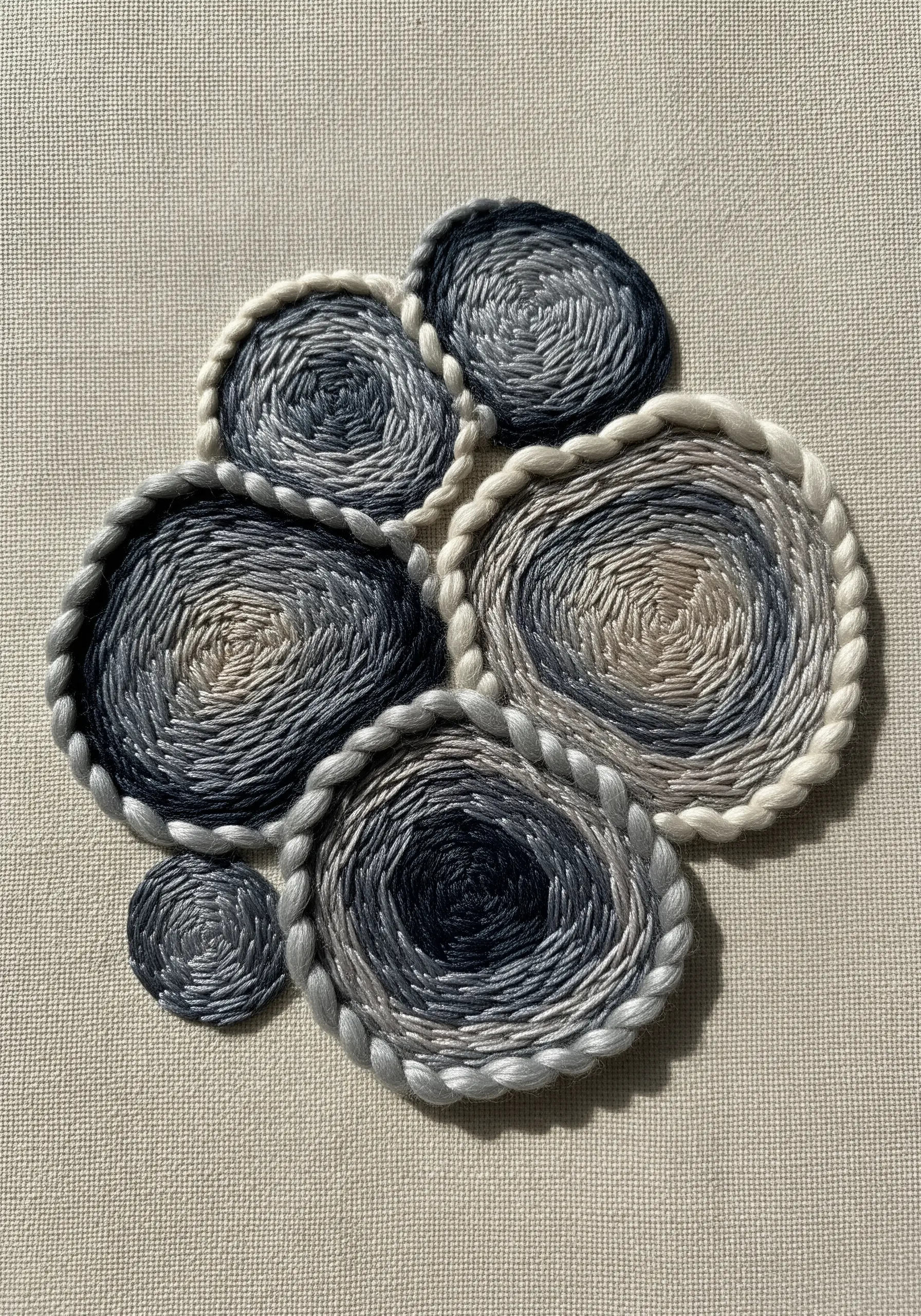 Abstract coiled embroidery in grey, black, and cream tones creating textured circles.