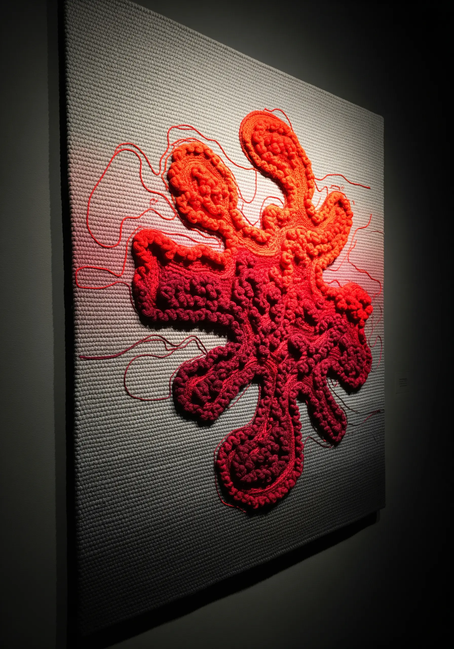 A raised, sculptural embroidery of an organic shape with a red-to-orange gradient.