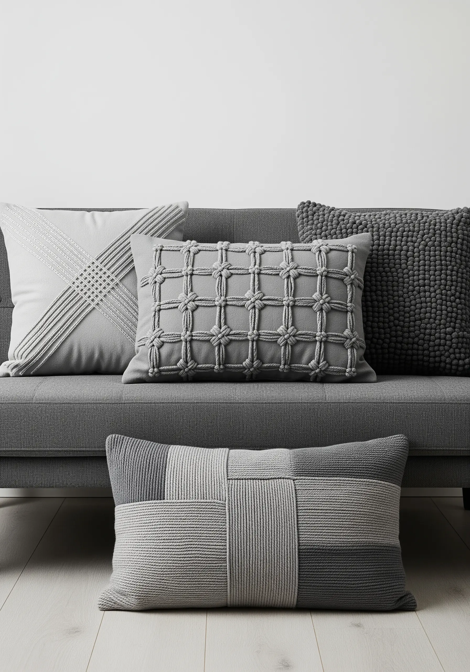 A collection of grey cushions with various textures, including a woven grid and French knots.
