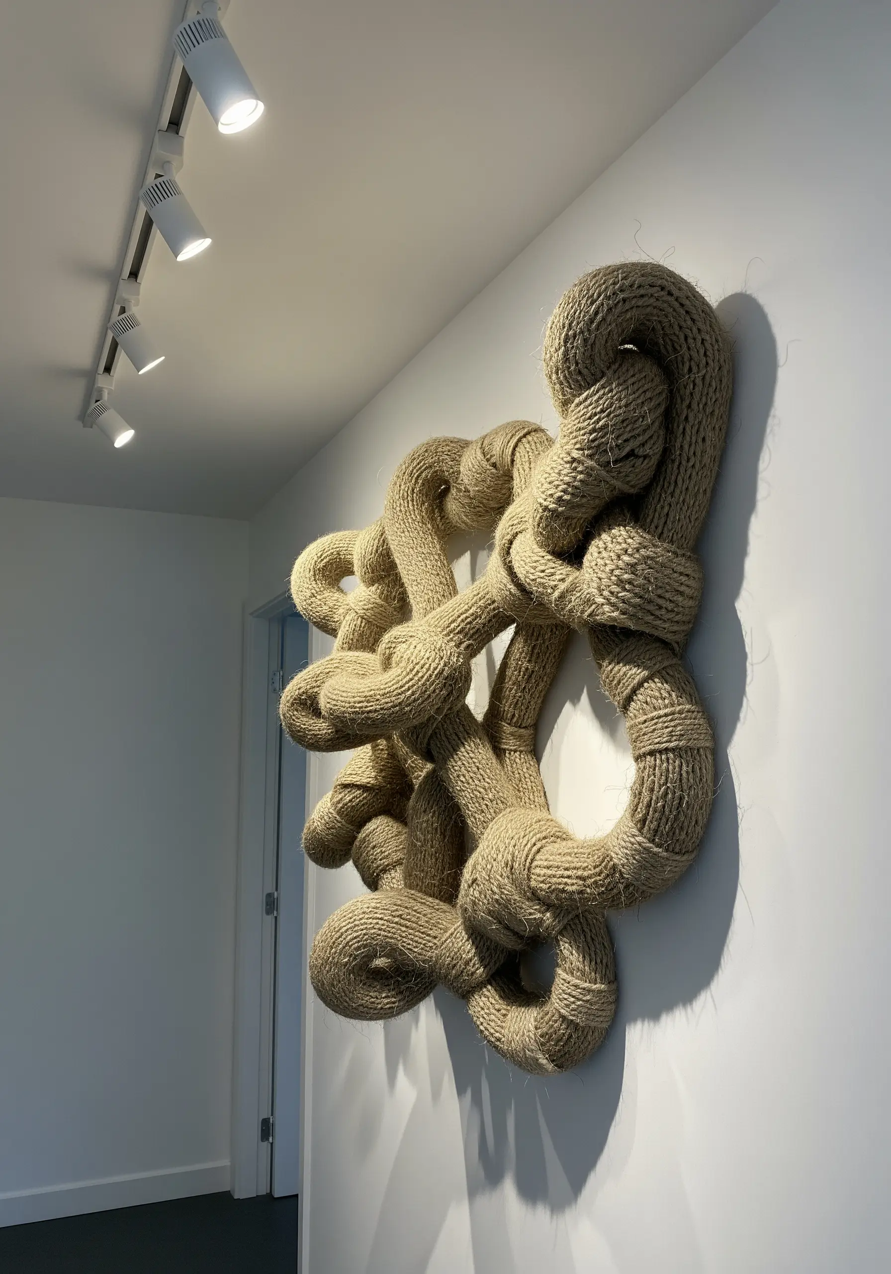 A three-dimensional wall sculpture made of thick, wrapped jute rope forming complex, interlocking knots.