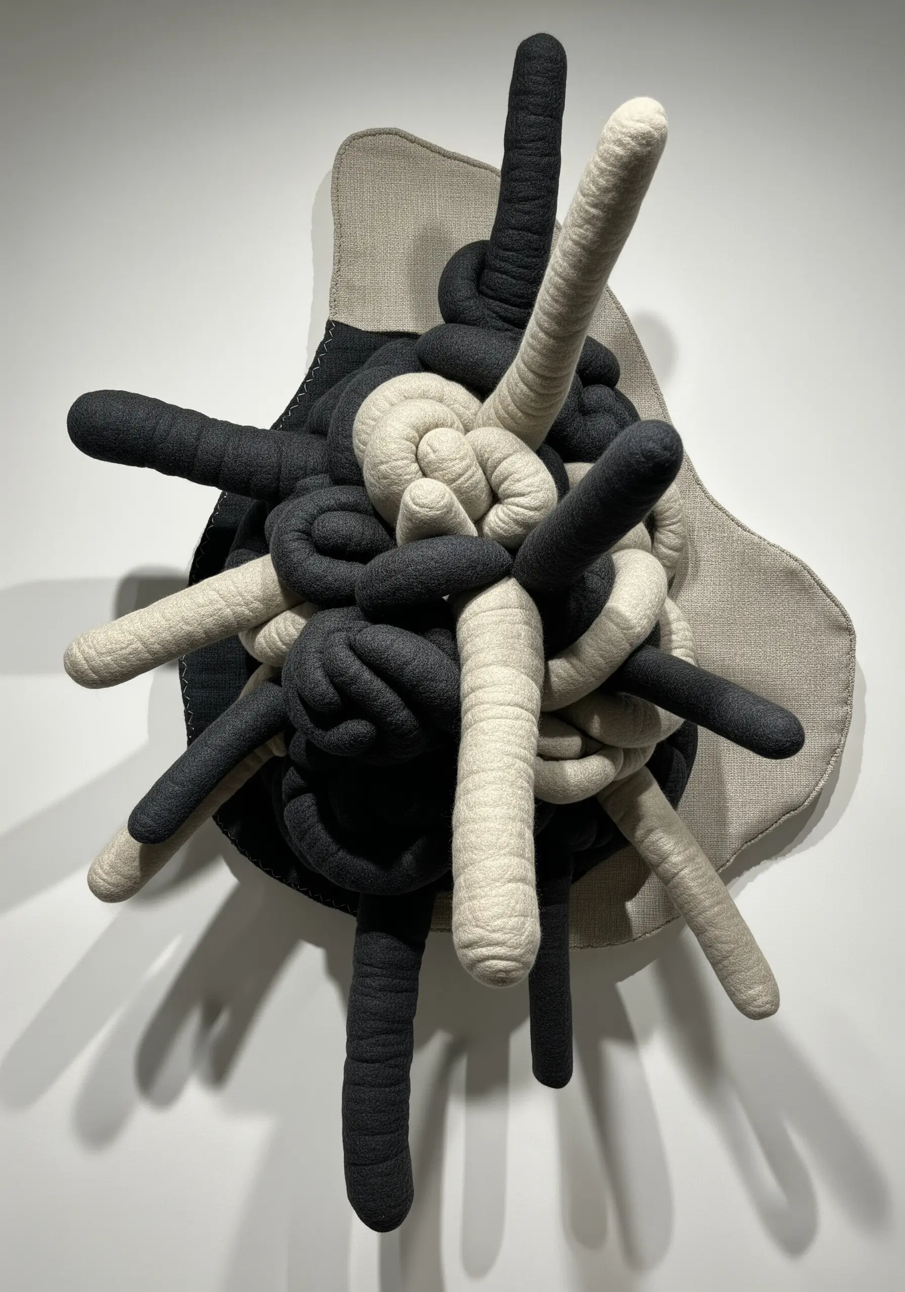 Abstract 3D fiber sculpture with knotted black and white fabric-covered tubes.
