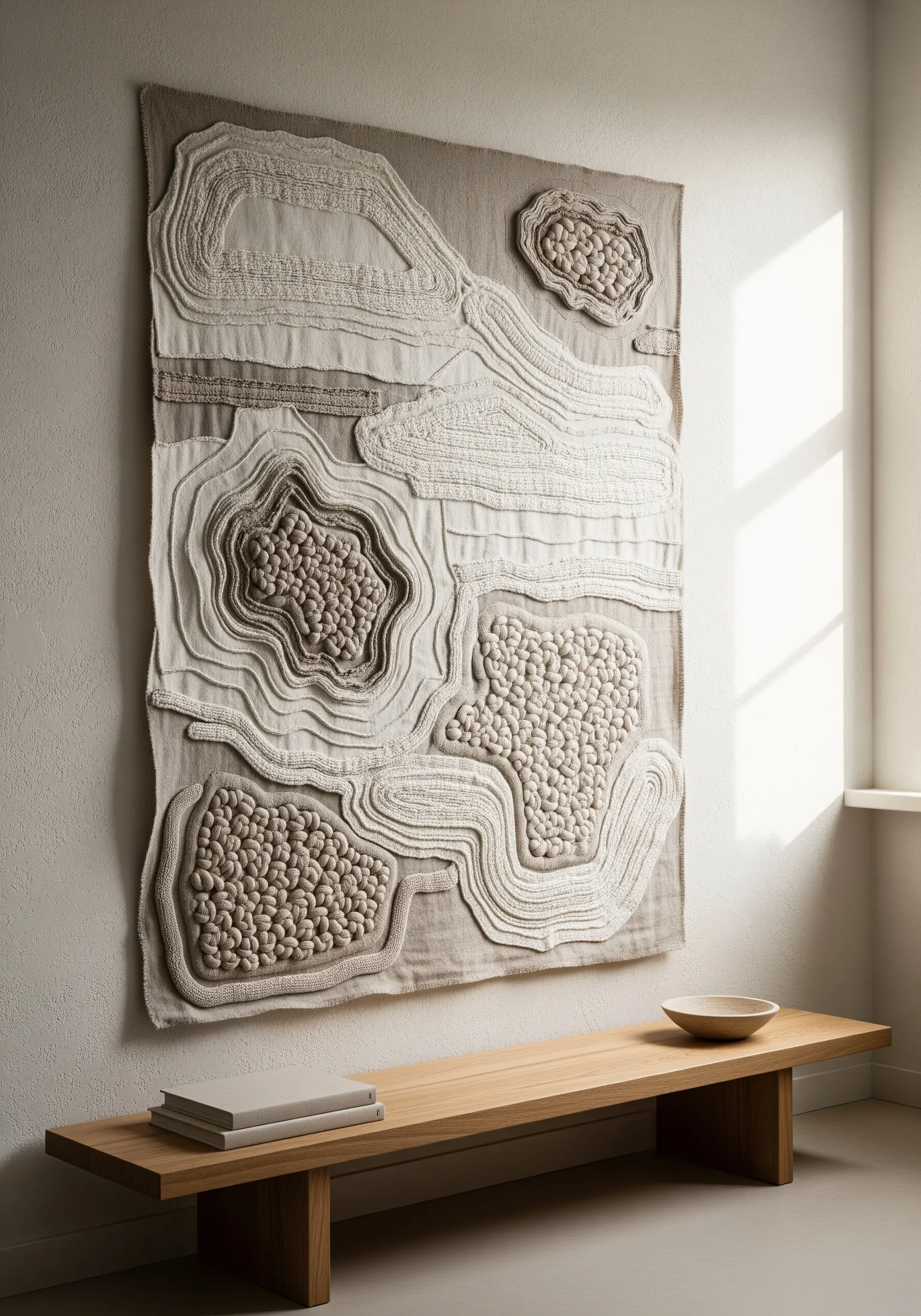 Large-scale neutral textile wall art with raised couched lines and French knot clusters.