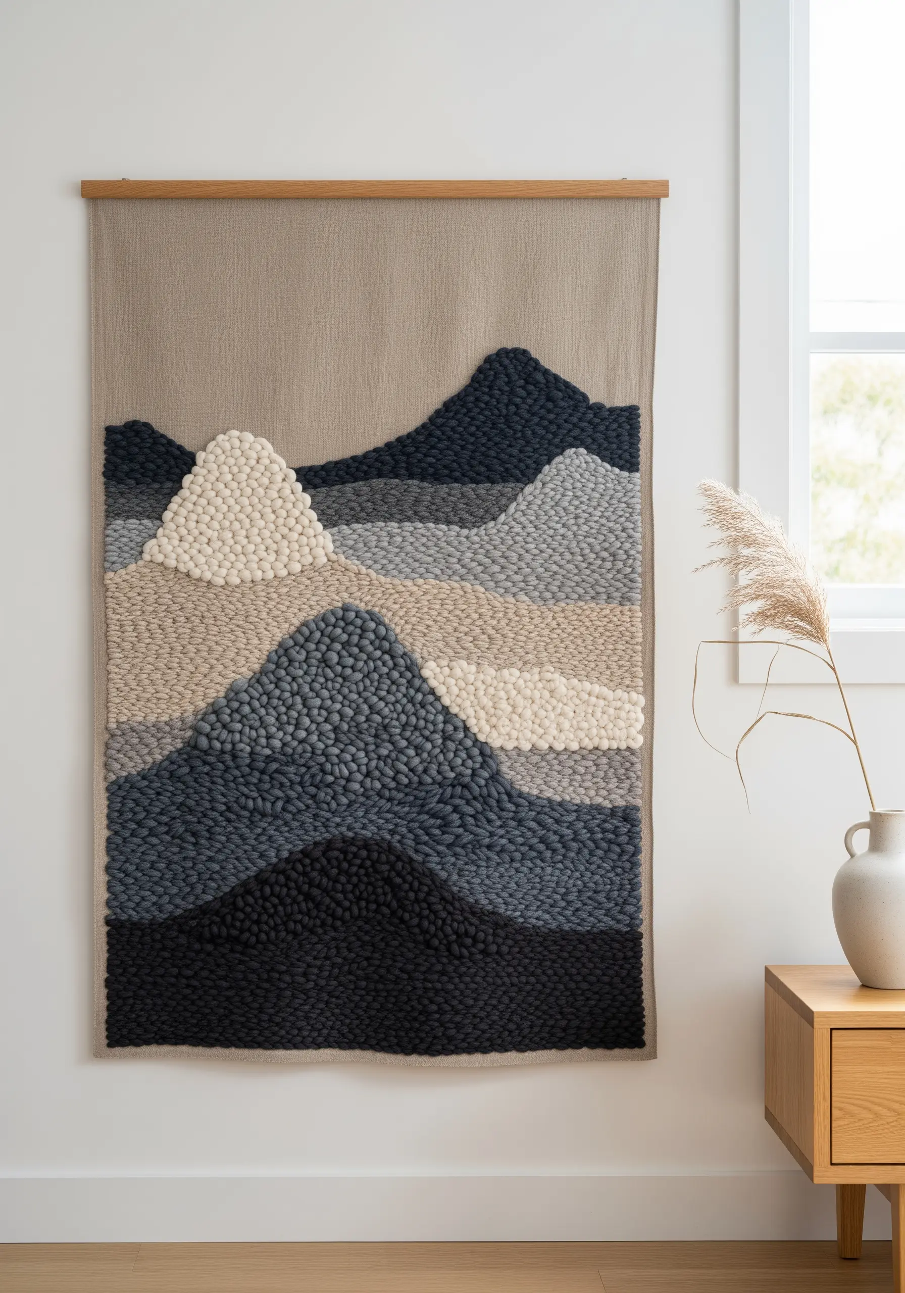 Textured wall hanging with yarn-stitched mountains in neutral and blue tones.