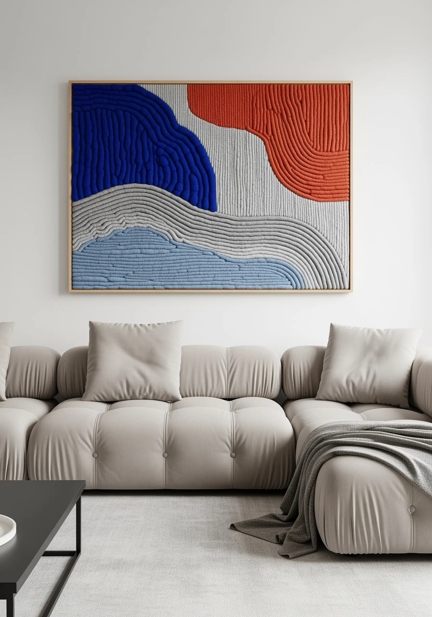 Abstract wall art made with thick, couched lines of colored yarn.