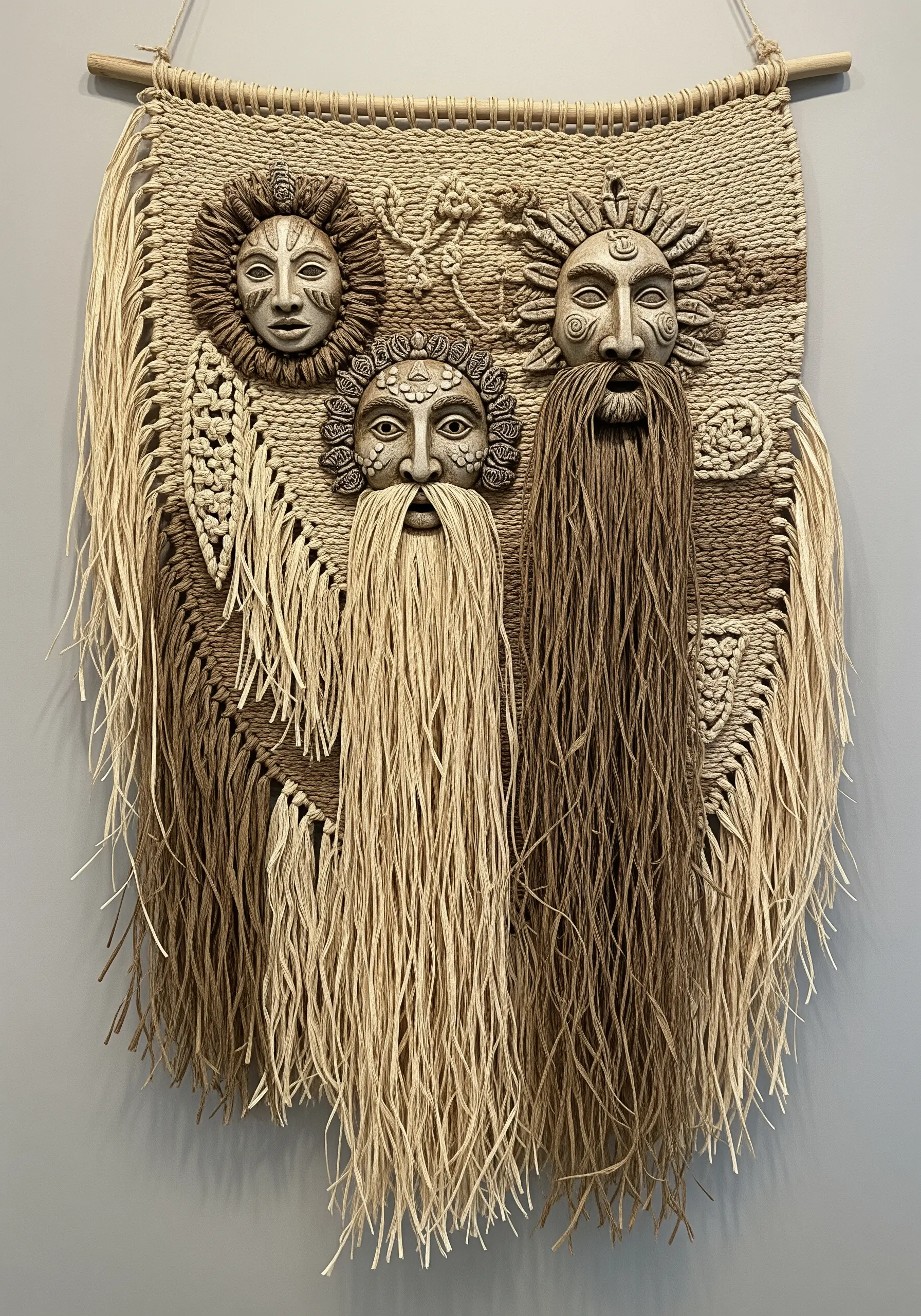 Three sculptural macramé faces with long fringe beards on a wall hanging