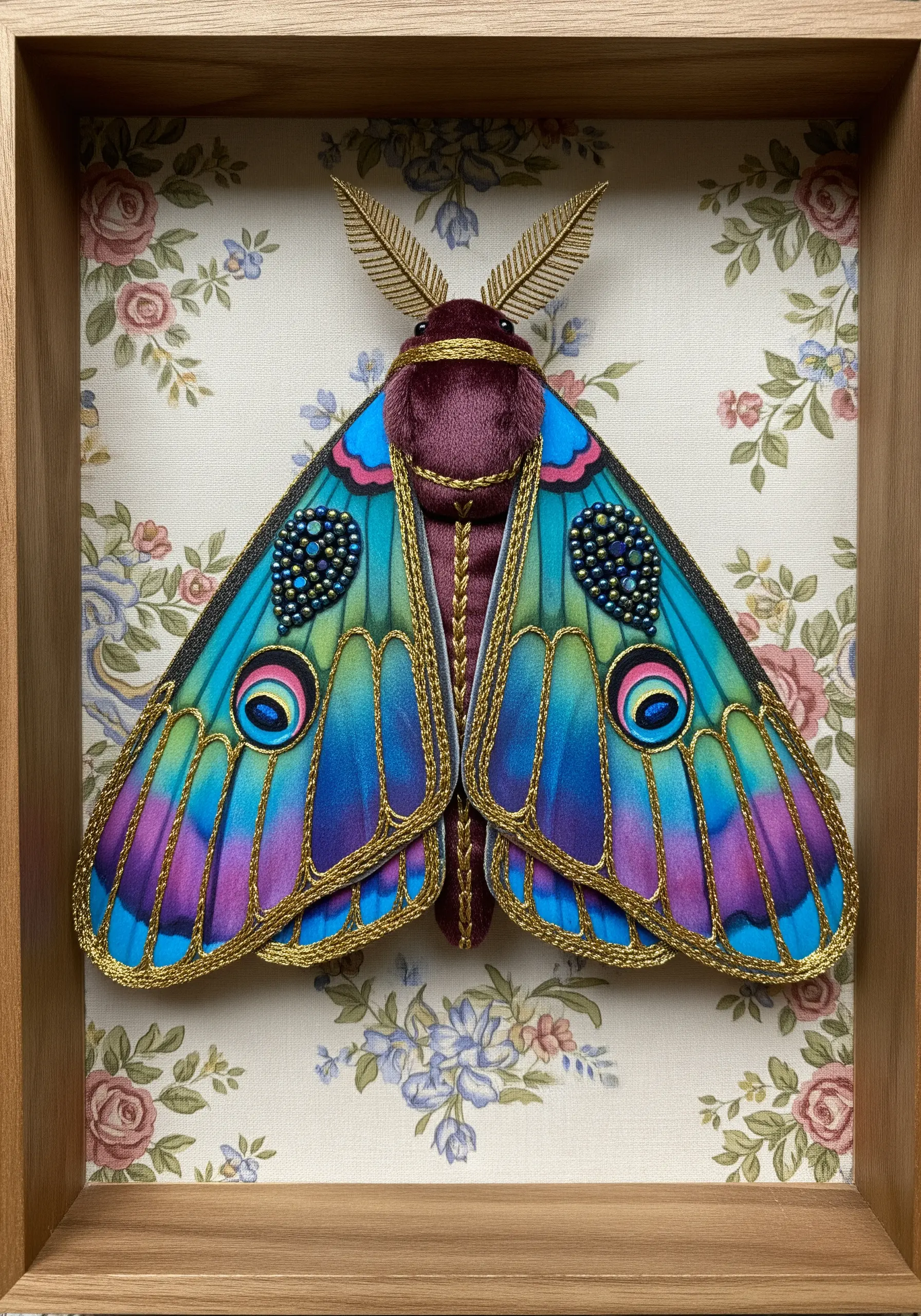 A three-dimensional embroidered moth with velvet body, beaded wings, and gold cording in a shadow box.