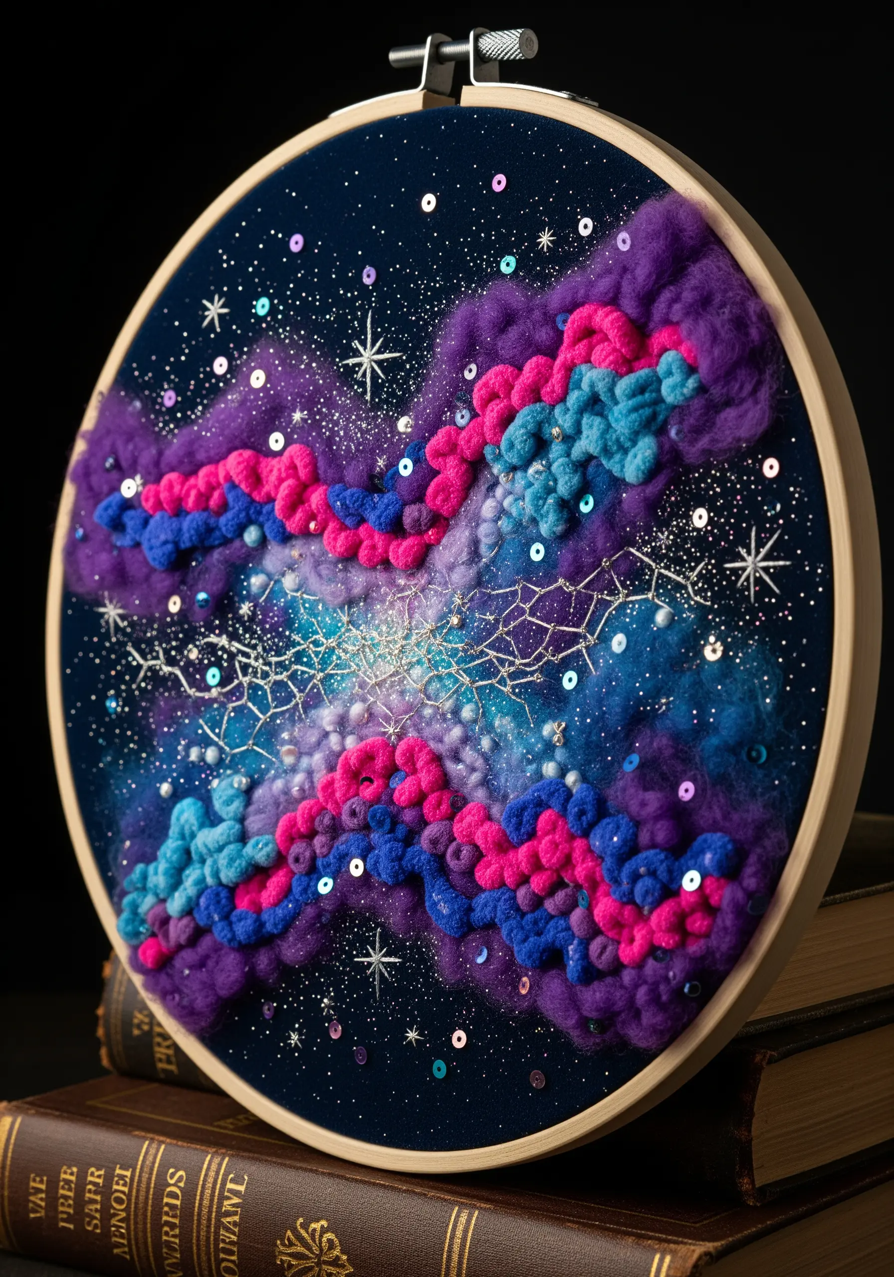 Textured embroidery of a pink, purple, and blue nebula using wool roving, beads, and sequins.