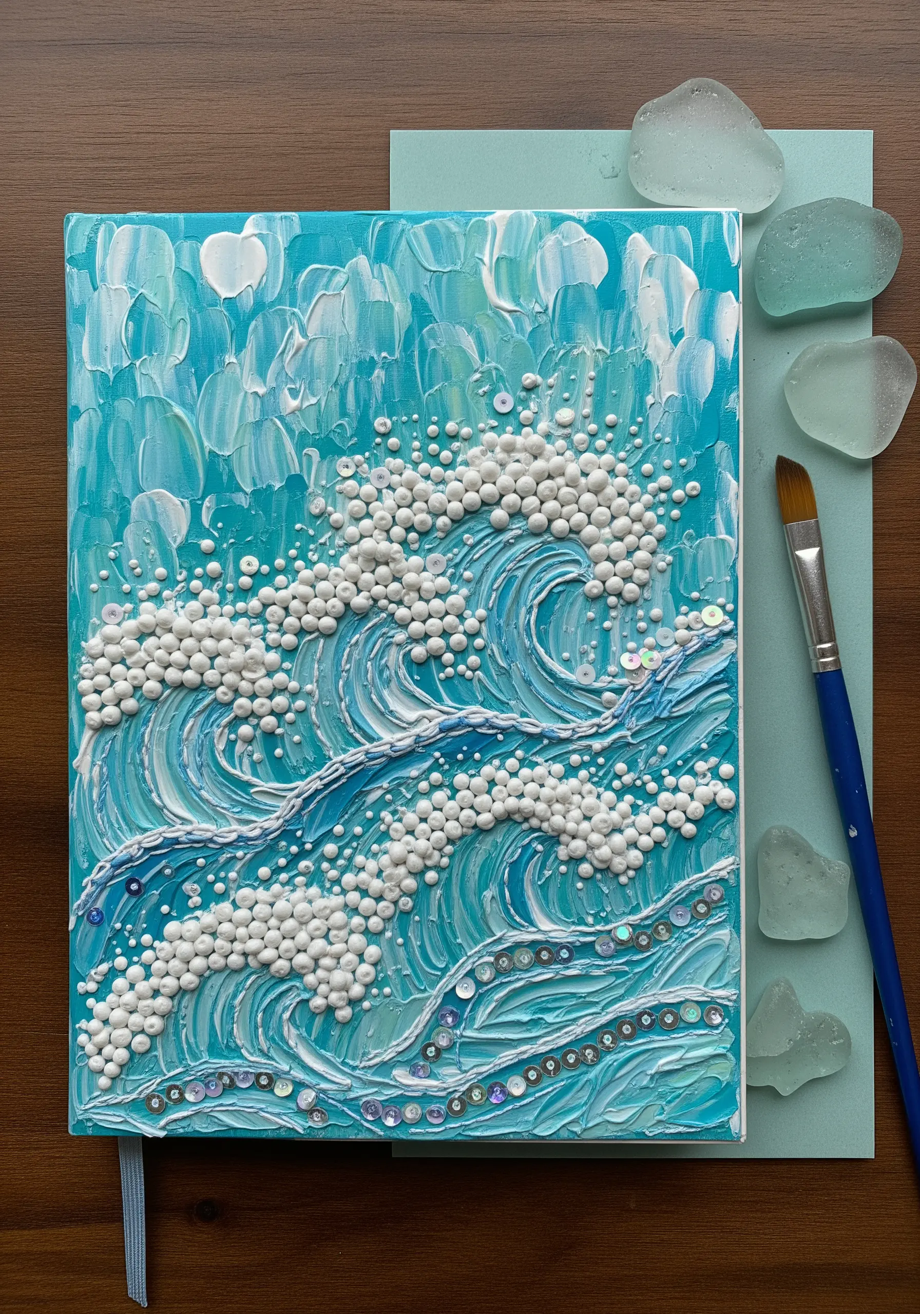 Textured ocean waves on a journal cover made with thick blue and white paint and embellished with beads.