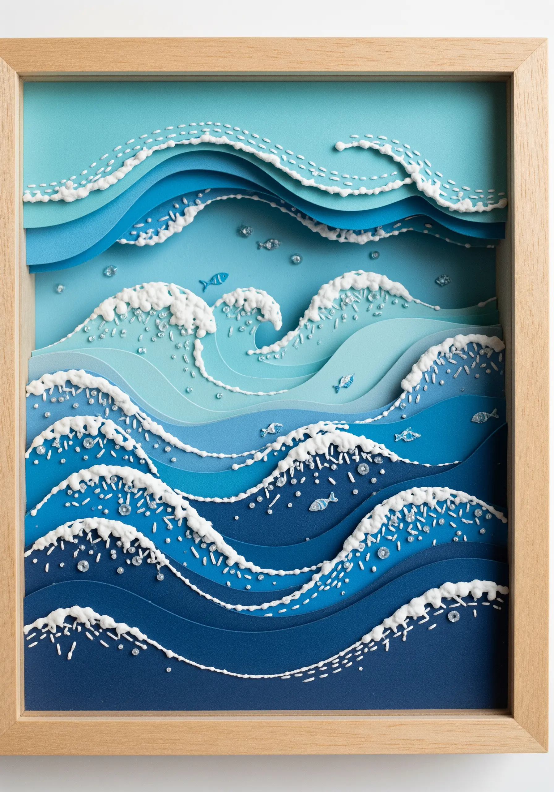 A 3D layered paper artwork of ocean waves, with textured white embroidery for seafoam.