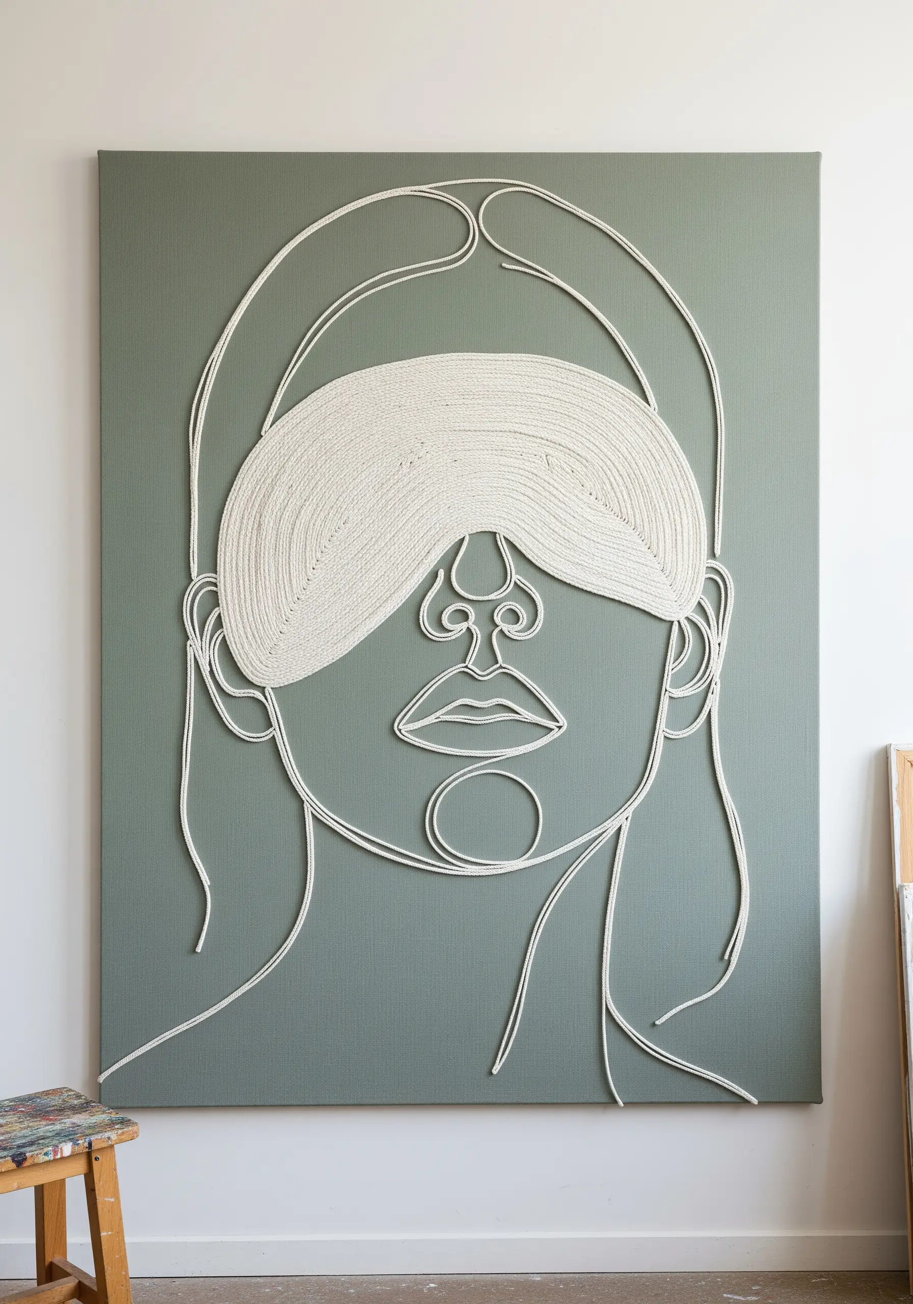A large-scale line art portrait made with thick white cord on a sage green canvas.