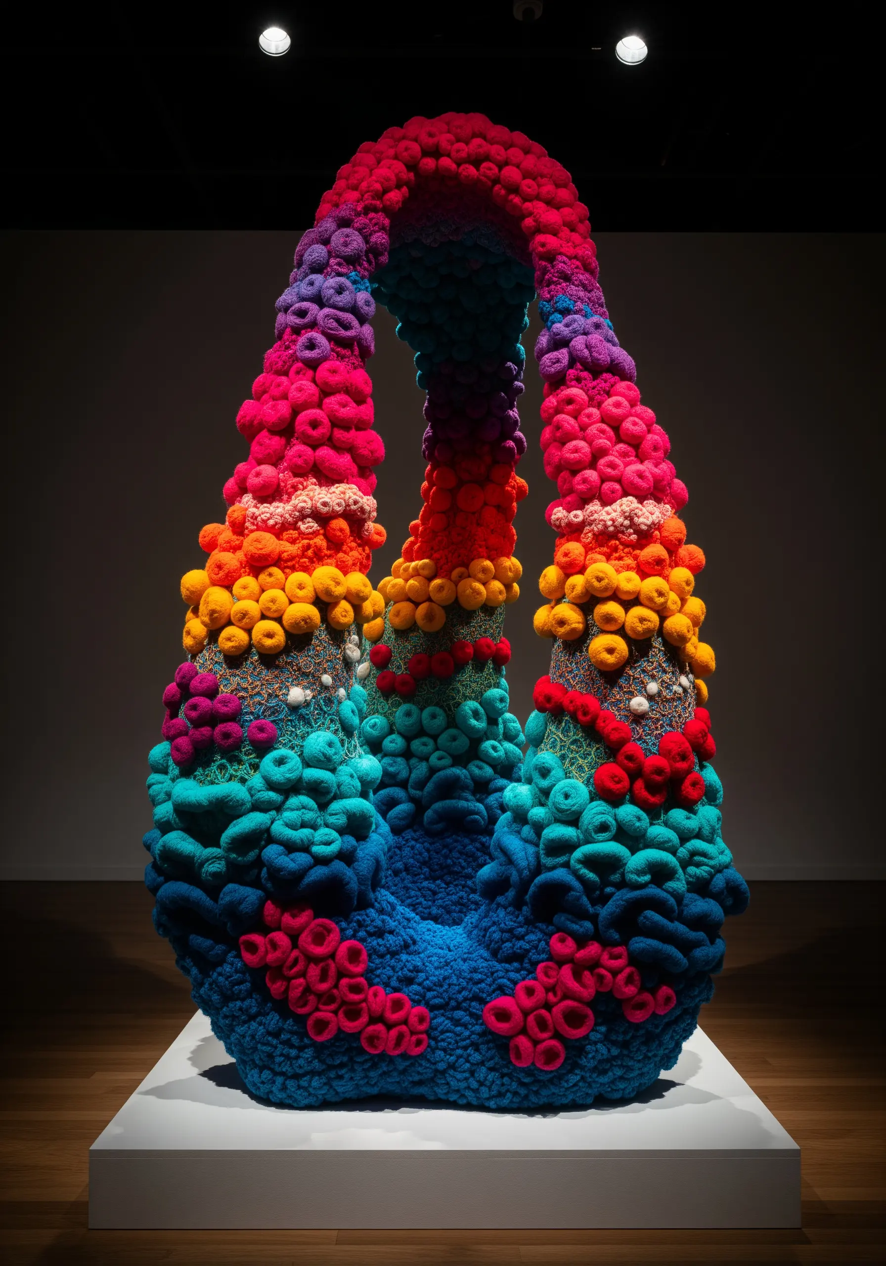 A vibrant, large-scale fiber art sculpture with dense, colorful loops resembling coral.