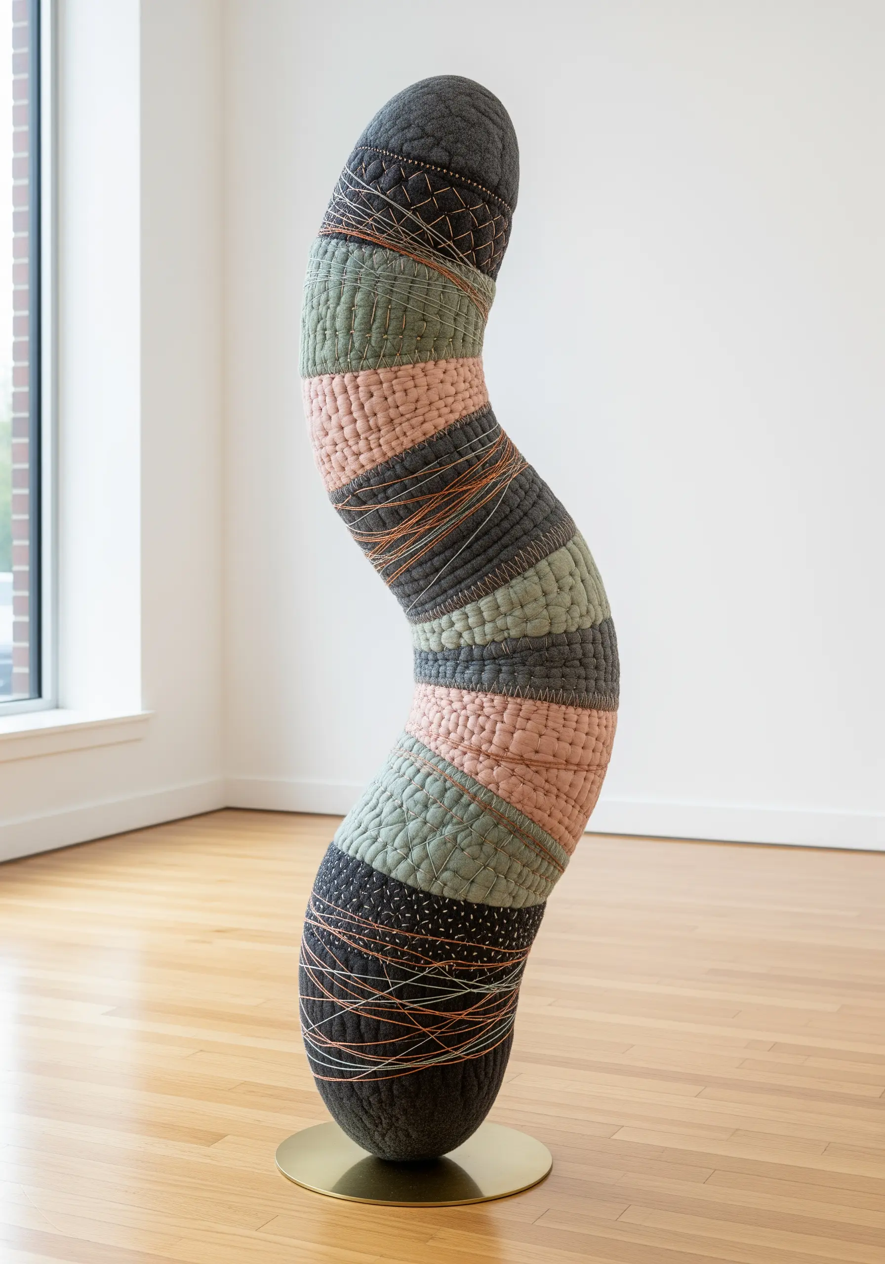 A quilted, free-standing sculpture with gray, pink, and green sections and thread wrapping details.