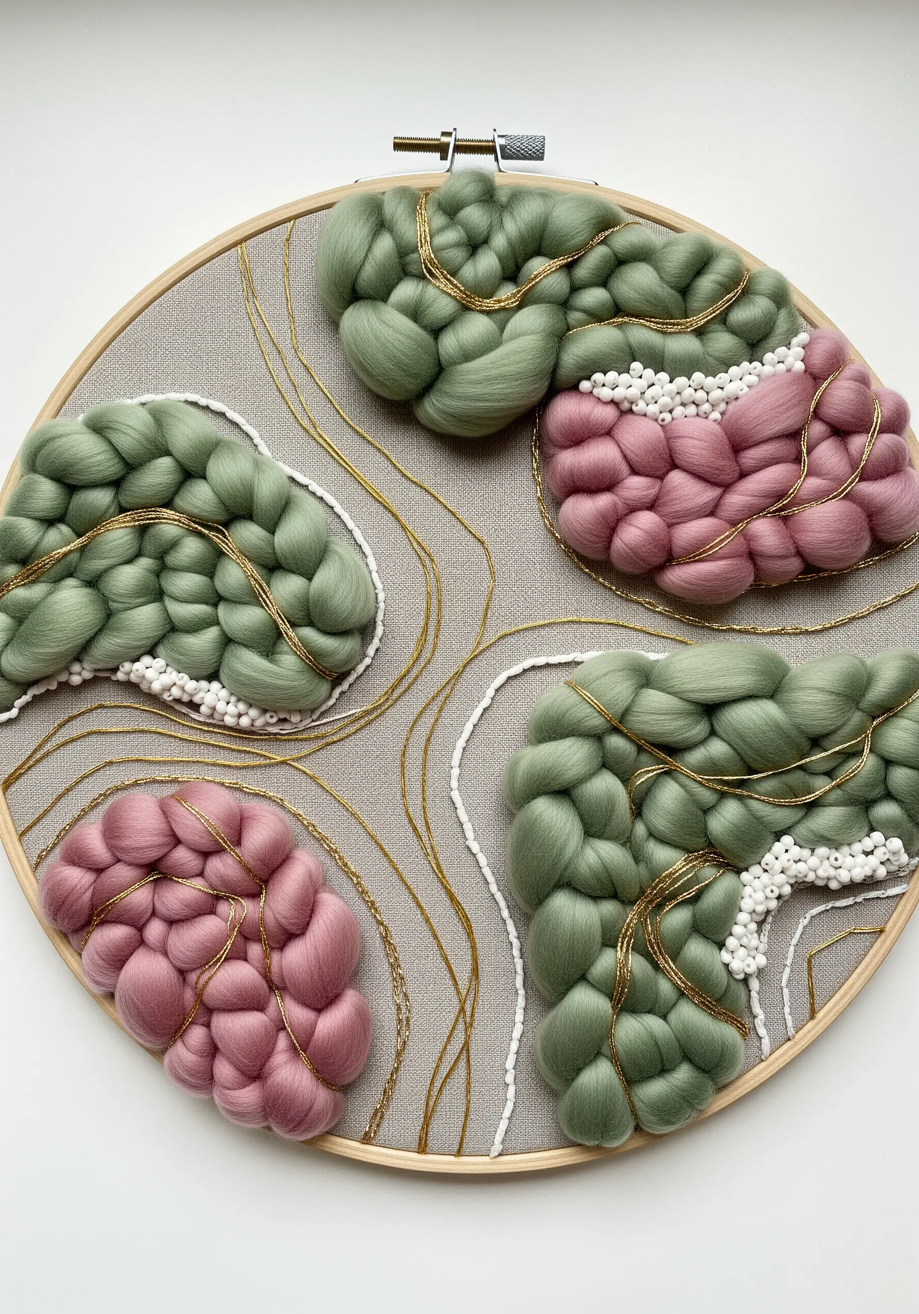 Abstract hoop art with chunky wool roving, beads, and gold thread couching.
