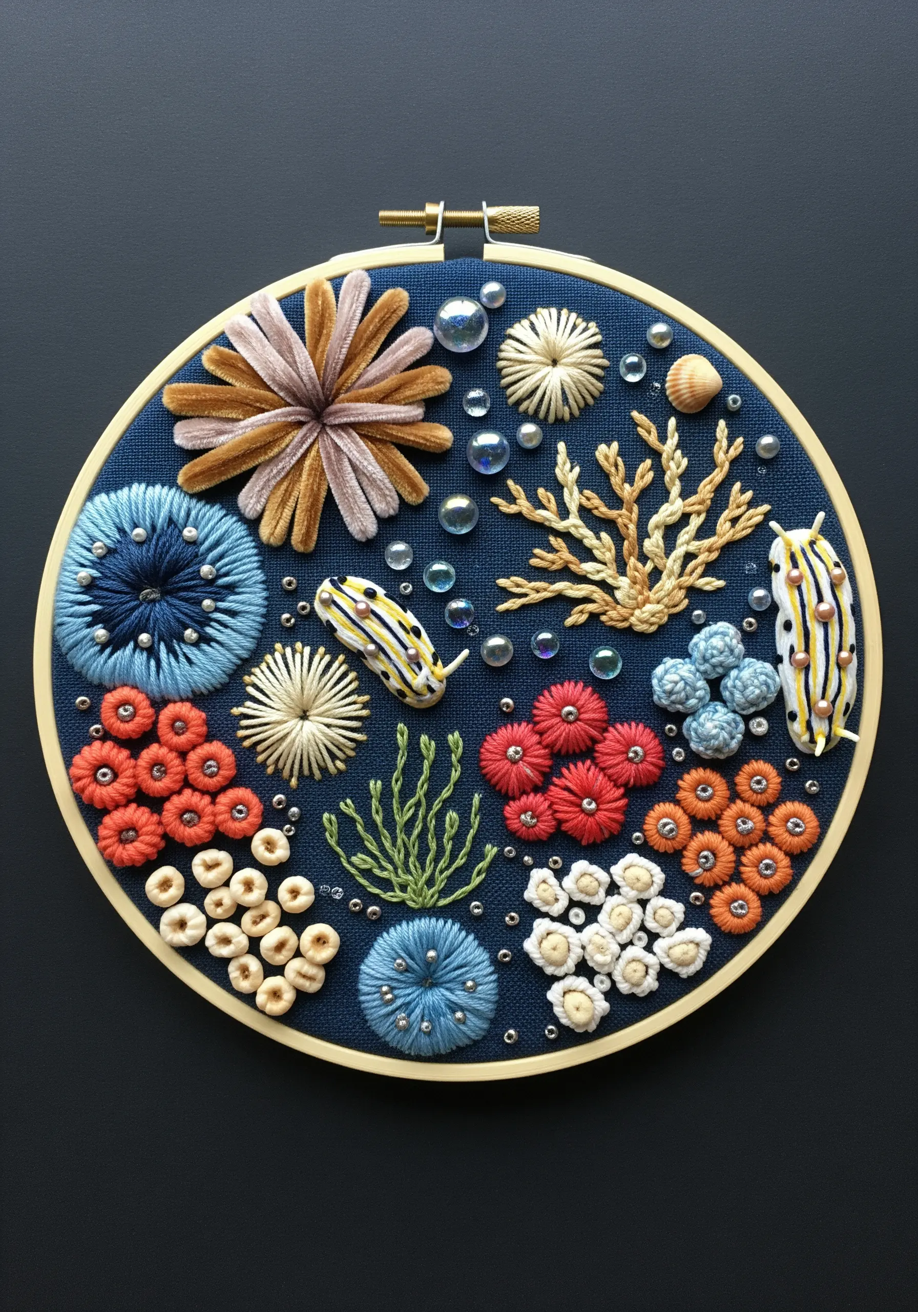 3D embroidery of a coral reef with bullion knots, French knots, and bead embellishments.